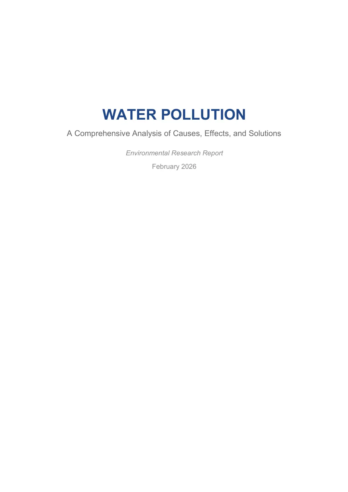 غلاف تقرير Water Pollution: A Comprehensive Analysis of Causes, Effects, and Solutions