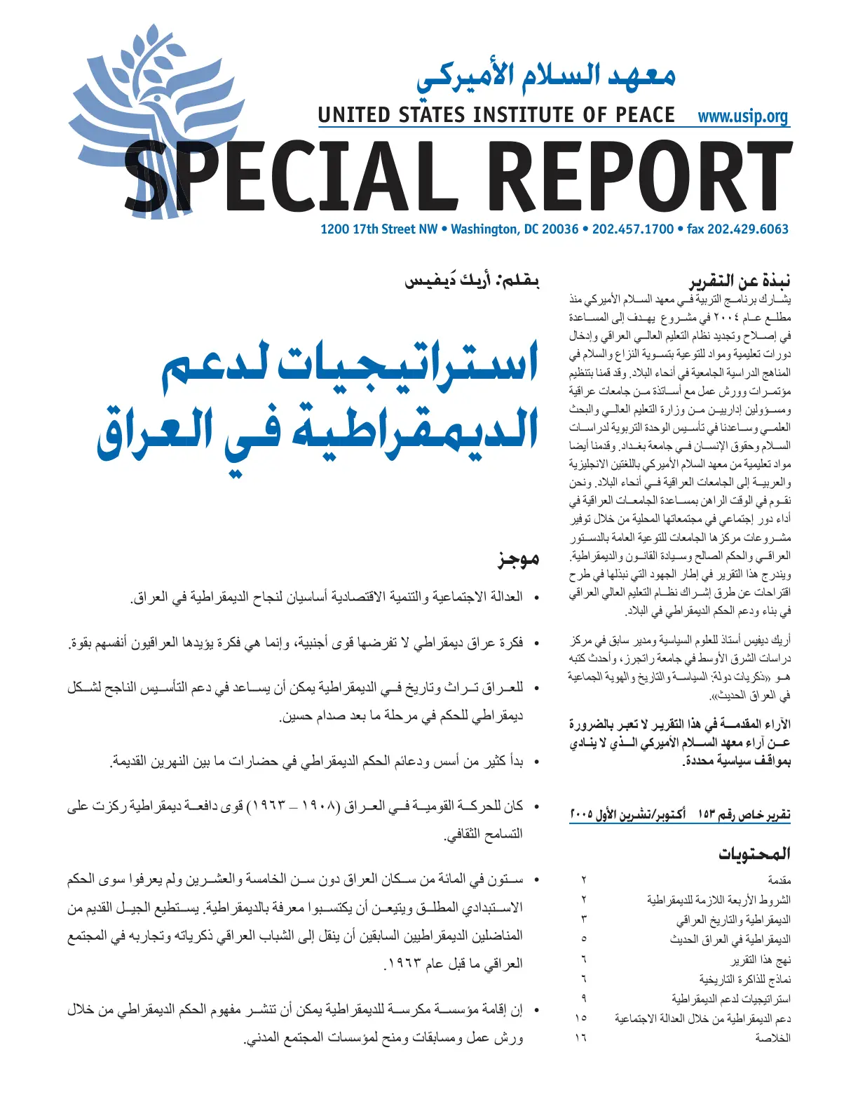 غلاف تقرير استراتيجيات لدعم الديمقراطية في العراق
