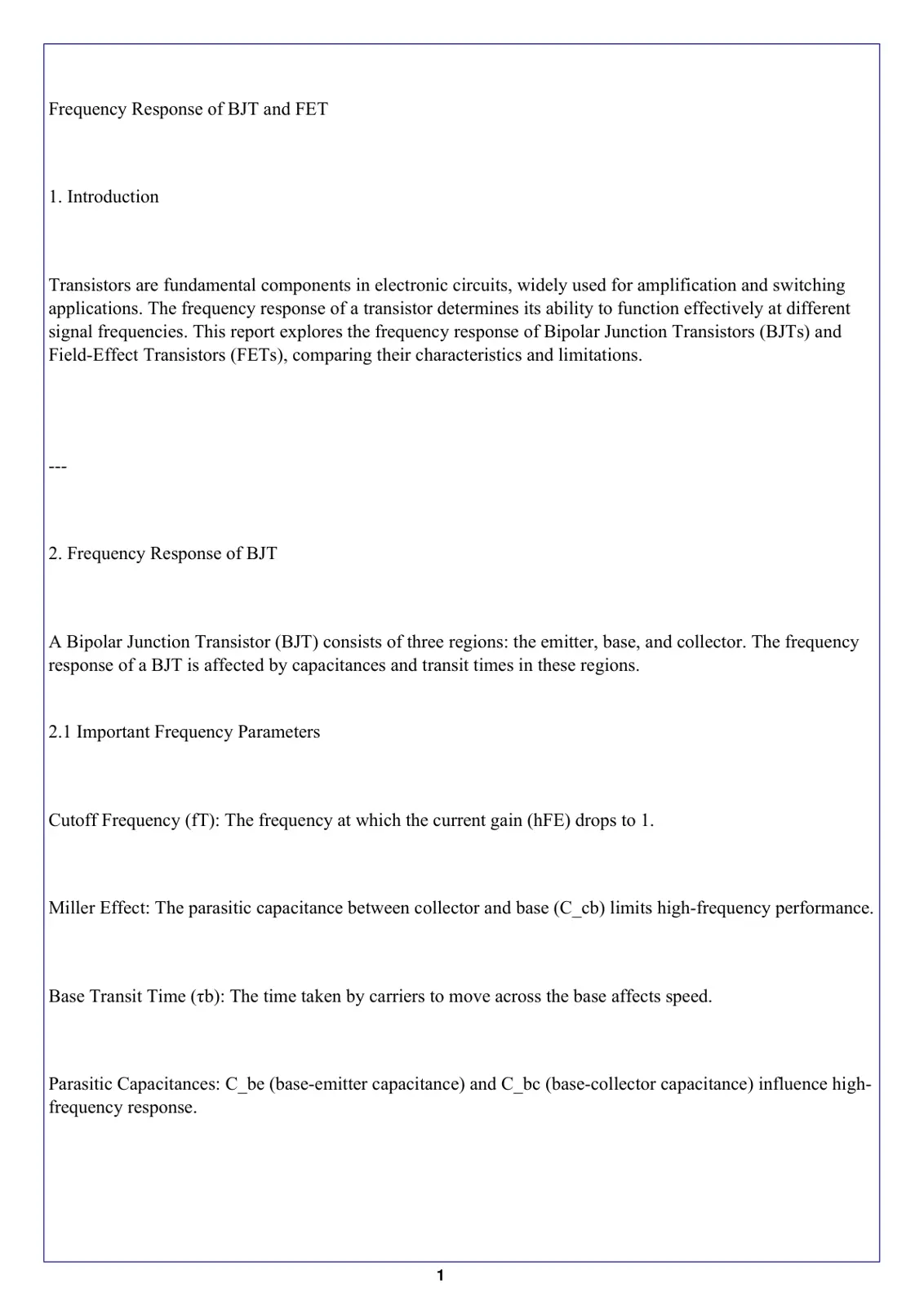 غلاف تقرير Frequency Response of BJT and FET