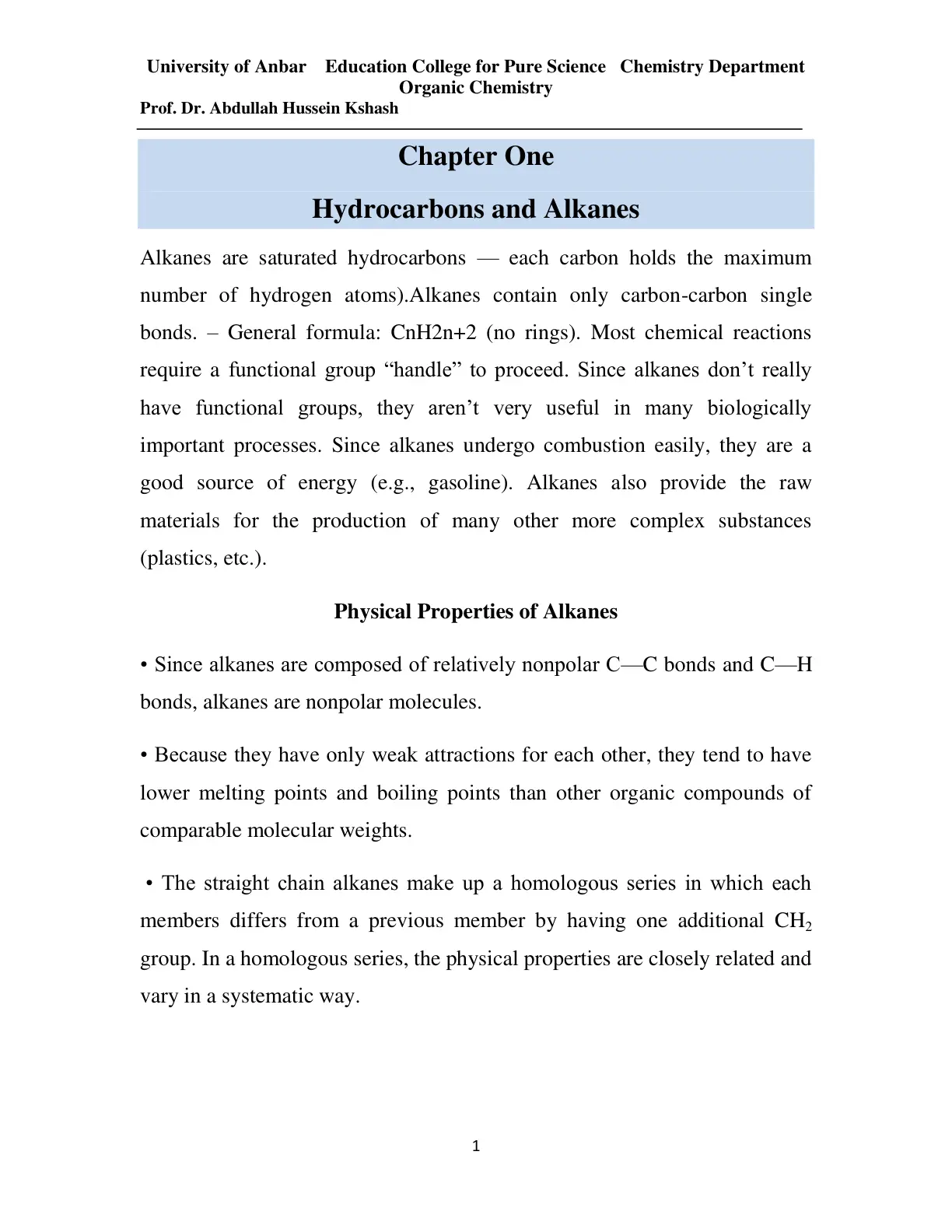 غلاف تقرير Hydrocarbons and Alkanes