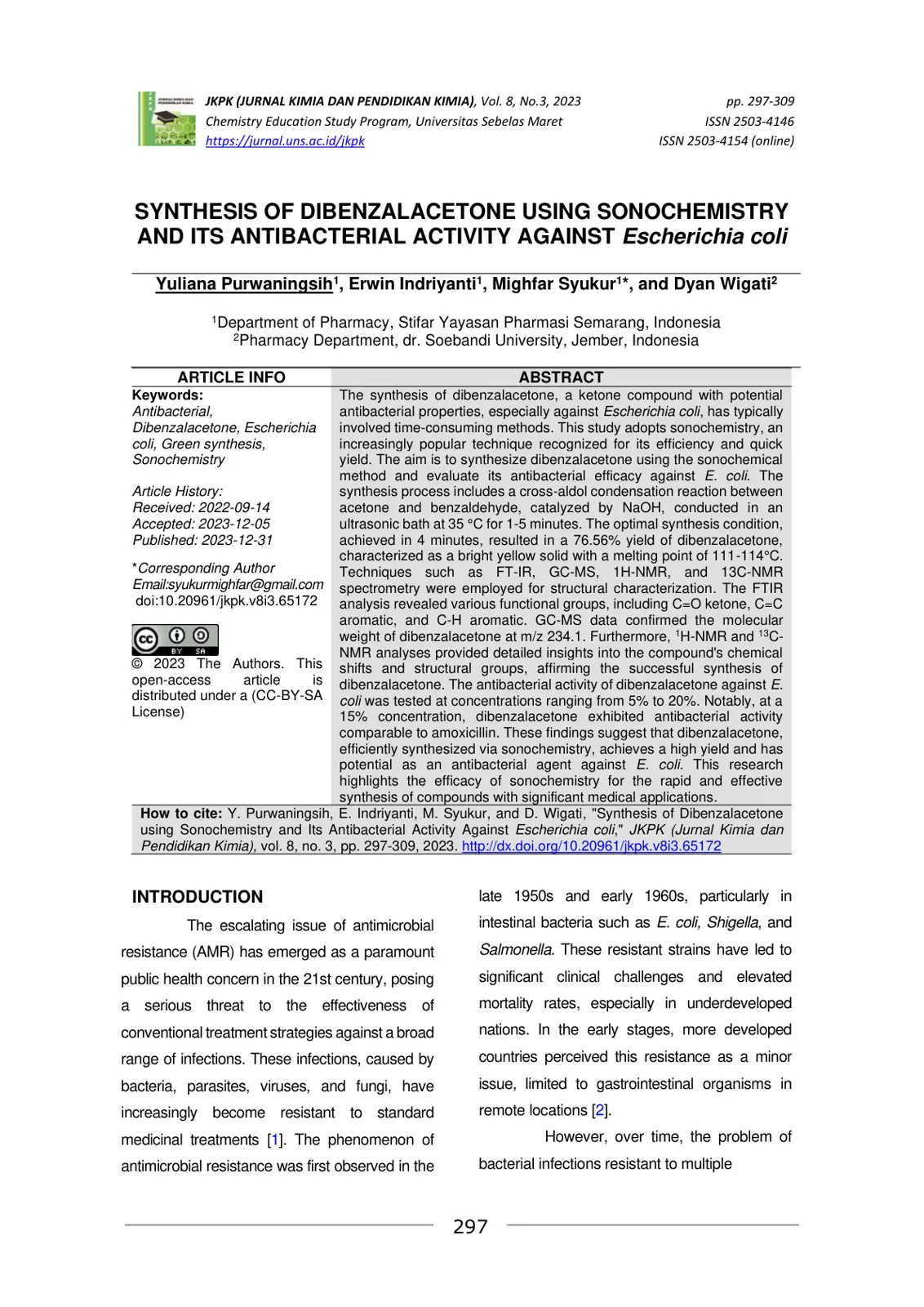 غلاف تقرير SYNTHESIS OF DIBENZALACETONE USING SONOCHEMISTRY AND ITS ANTIBACTERIAL ACTIVITY AGAINST Escherichia coli