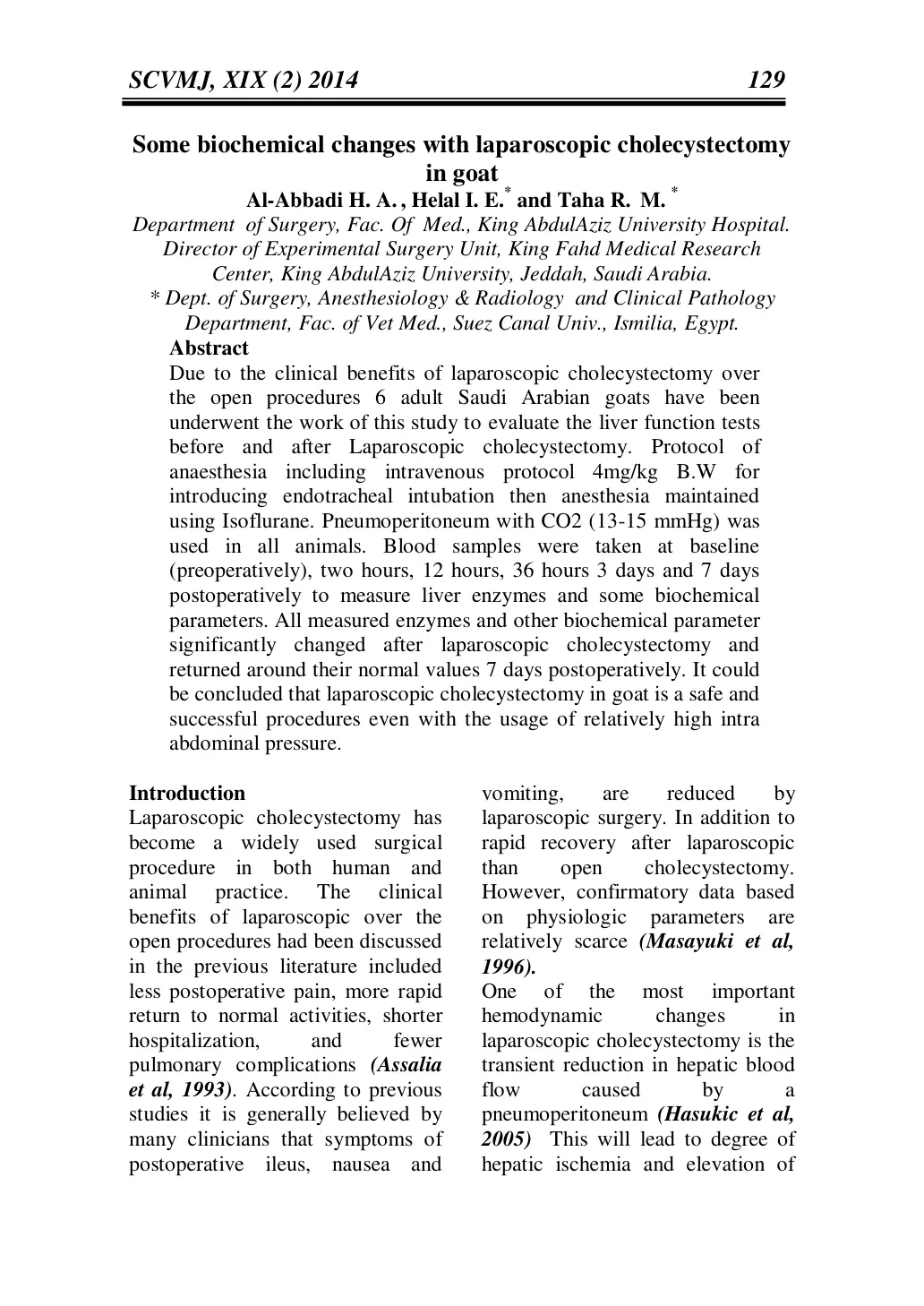 غلاف تقرير Some Biochemical Changes with Laparoscopic Cholecystectomy in Goat