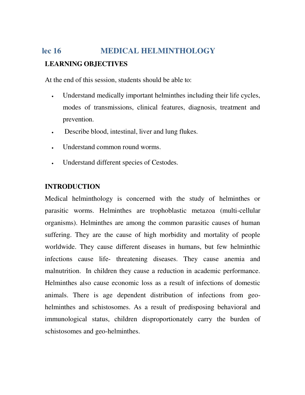 غلاف تقرير LEC 16: MEDICAL HELMINTHOLOGY
