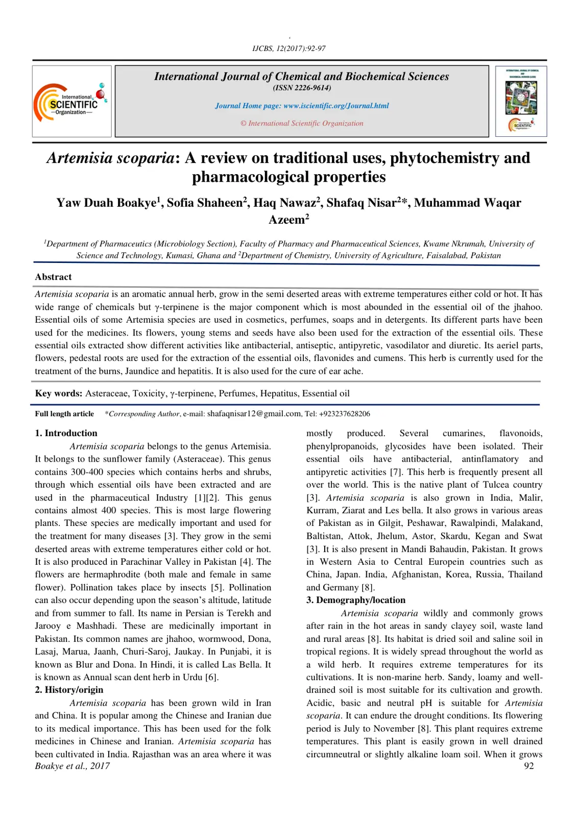 غلاف تقرير Artemisia scoparia: A review on traditional uses, phytochemistry and pharmacological properties