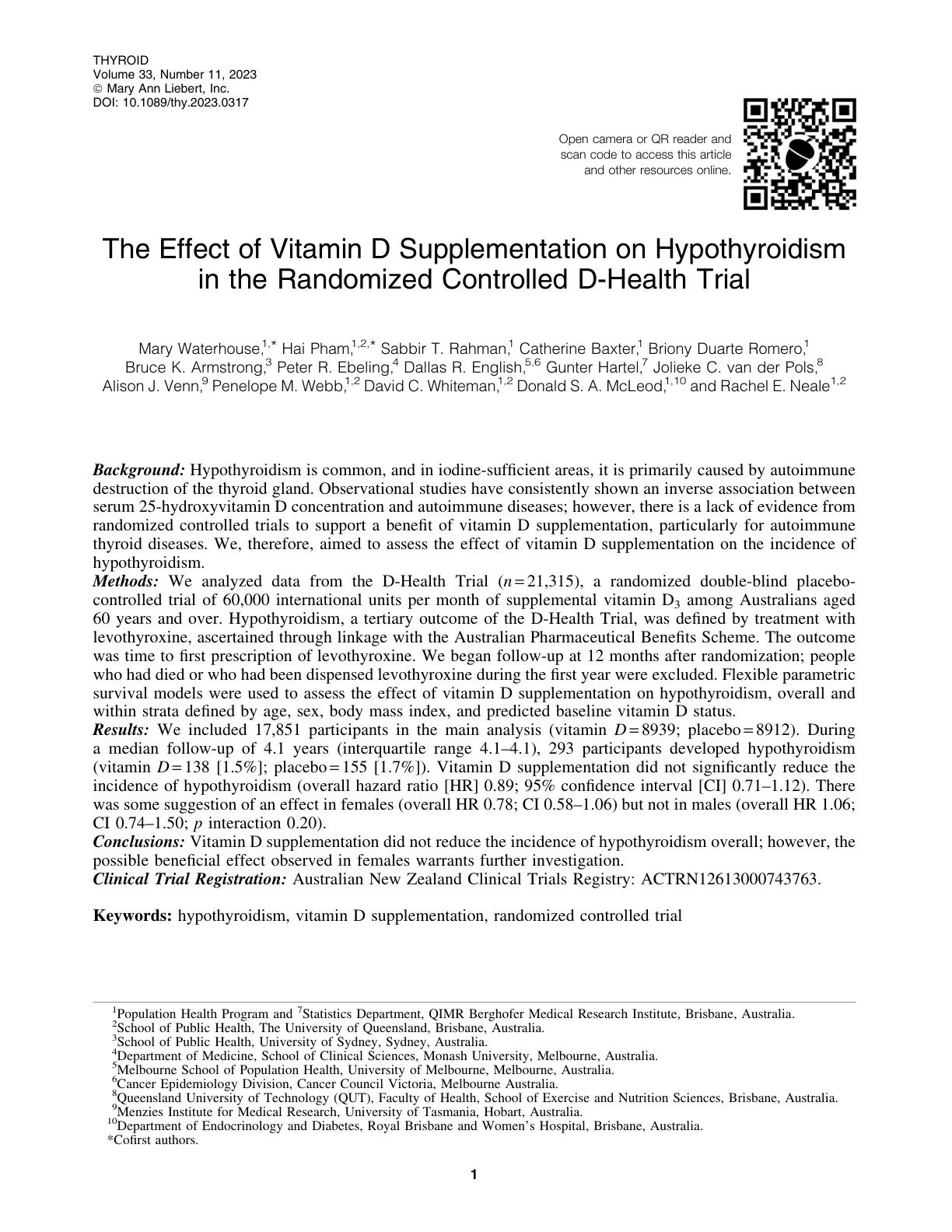 غلاف تقرير The Effect of Vitamin D Supplementation on Hypothyroidism in the Randomized Controlled D-Health Trial