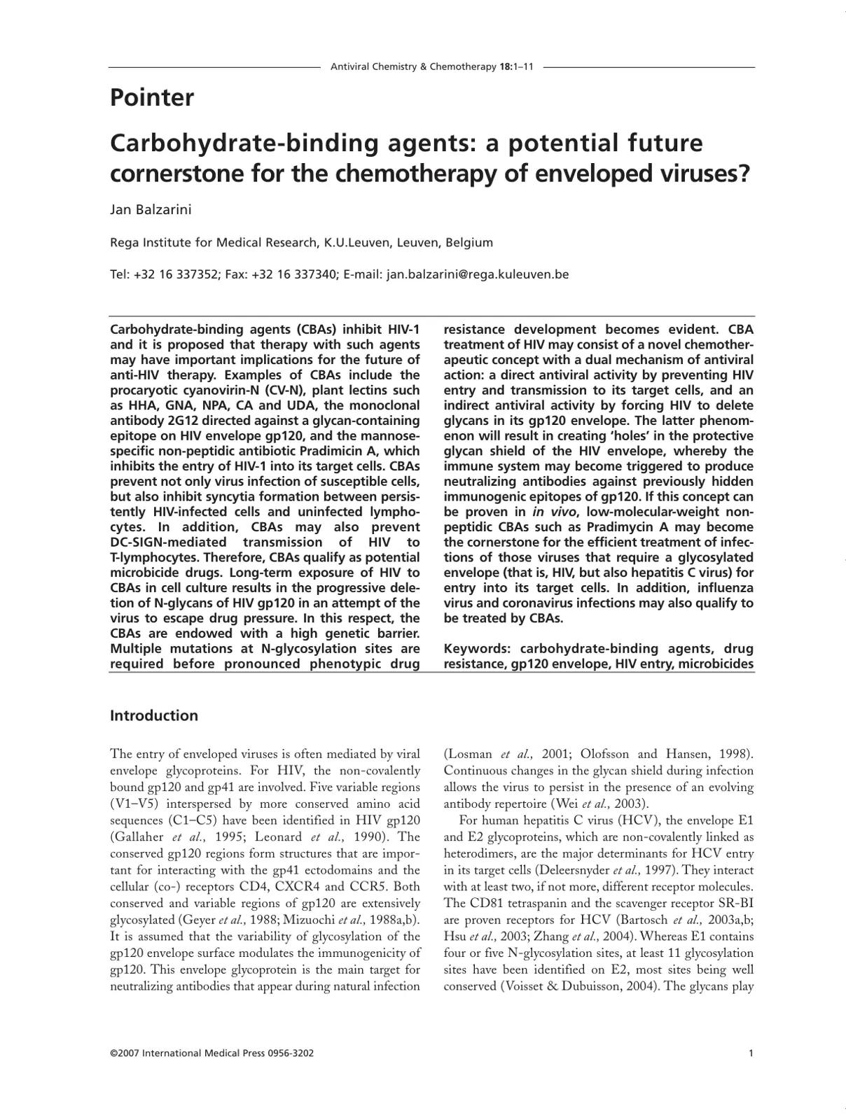 غلاف تقرير Carbohydrate-binding agents: a potential future cornerstone for the chemotherapy of enveloped viruses?