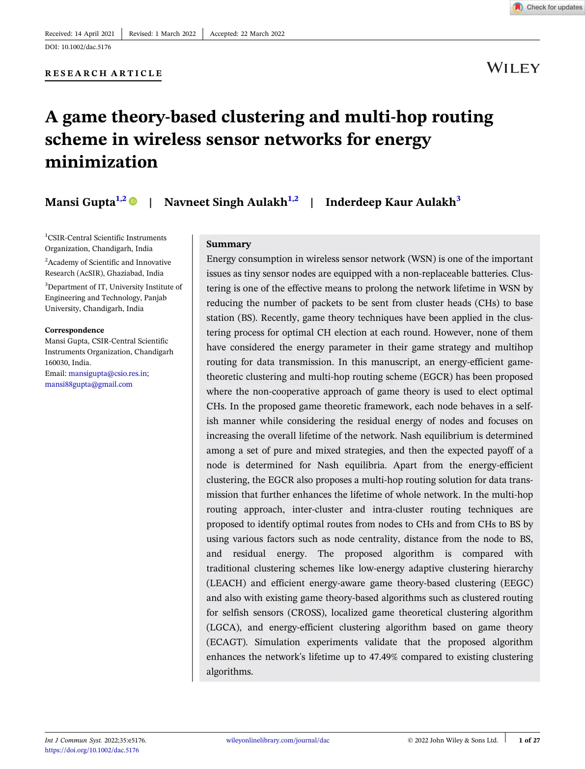 غلاف تقرير A game theory- based clustering and multi-hop routing scheme in wireless sensor networks for energy minimization