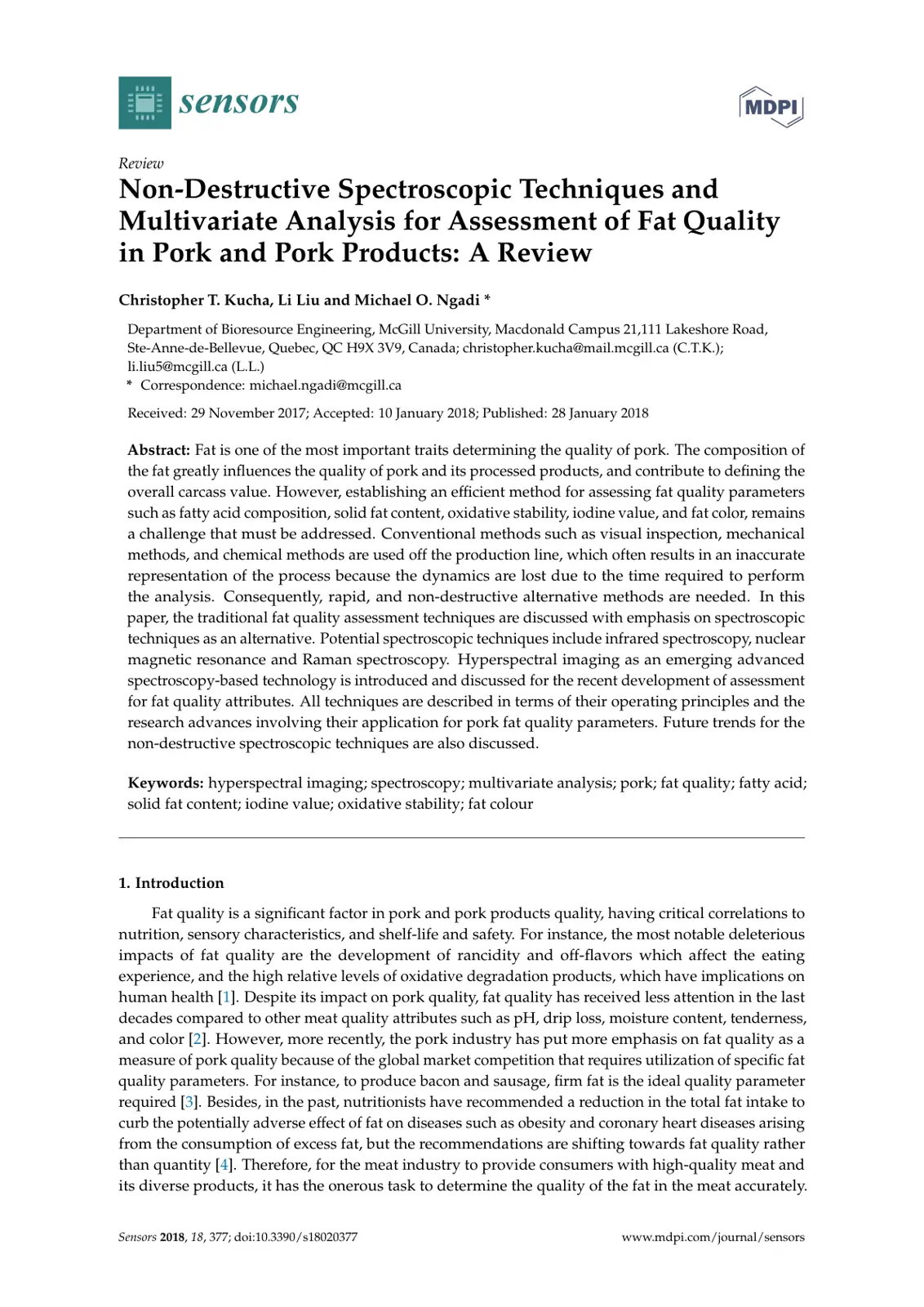 غلاف تقرير Non-Destructive Spectroscopic Techniques and Multivariate Analysis for Assessment of Fat Quality in Pork and Pork Products: A Review