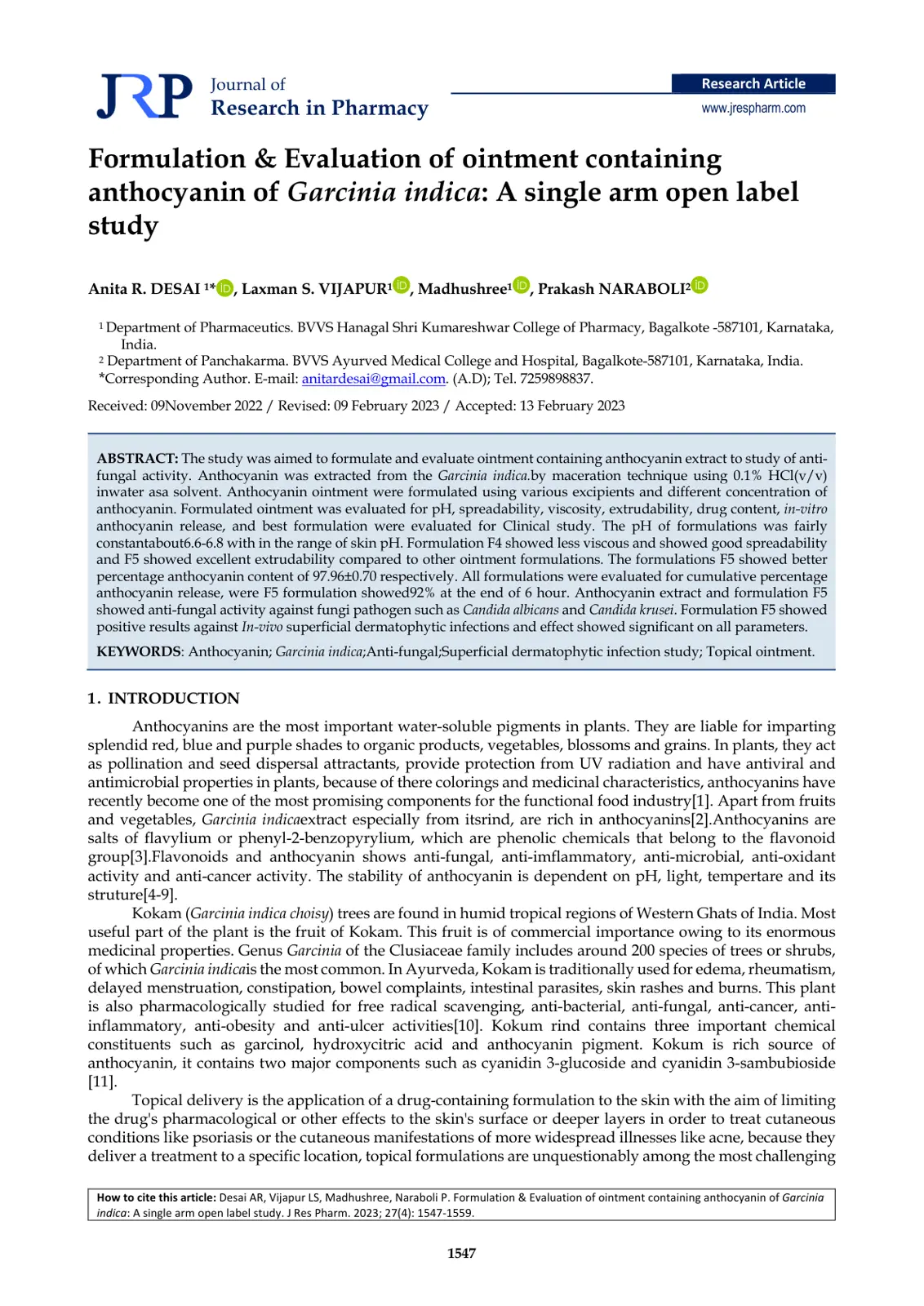 غلاف تقرير Formulation & Evaluation of ointment containing anthocyanin of Garcinia indica: A single arm open label study