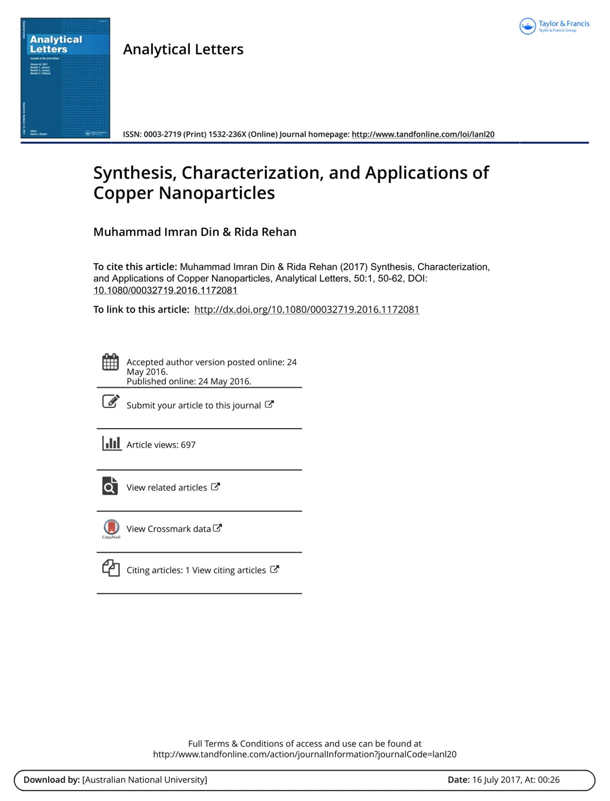 غلاف تقرير Synthesis, Characterization, and Applications of Copper Nanoparticles