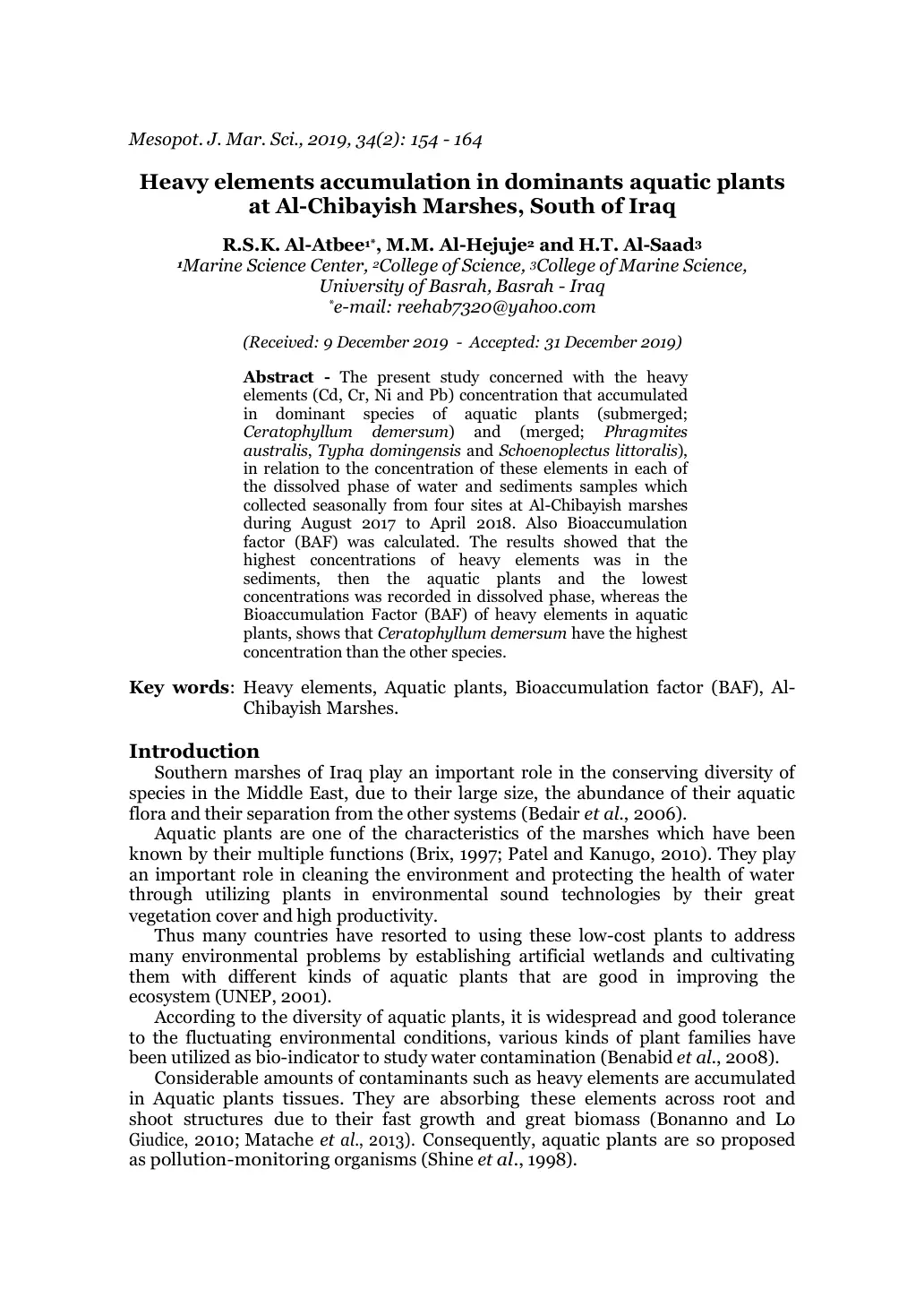 غلاف تقرير Heavy elements accumulation in dominants aquatic plants at Al-Chibayish Marshes, South of Iraq