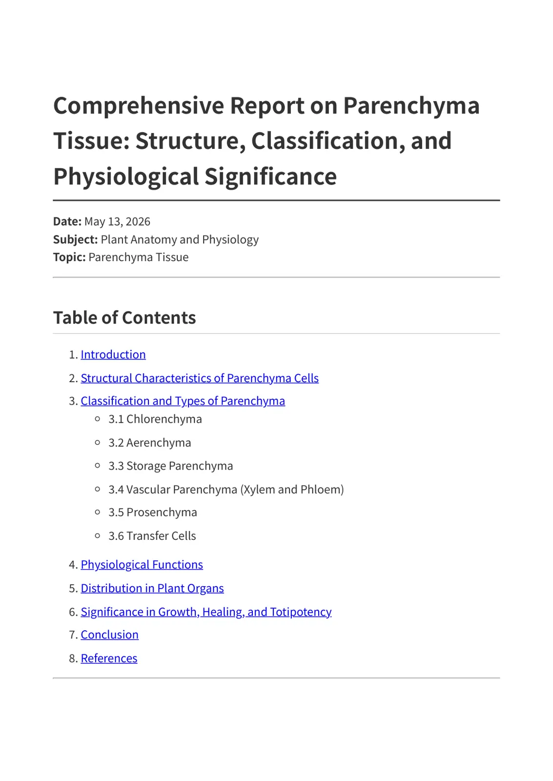 غلاف تقرير Comprehensive Report on Parenchyma Tissue: Structure, Classification, and Physiological Significance