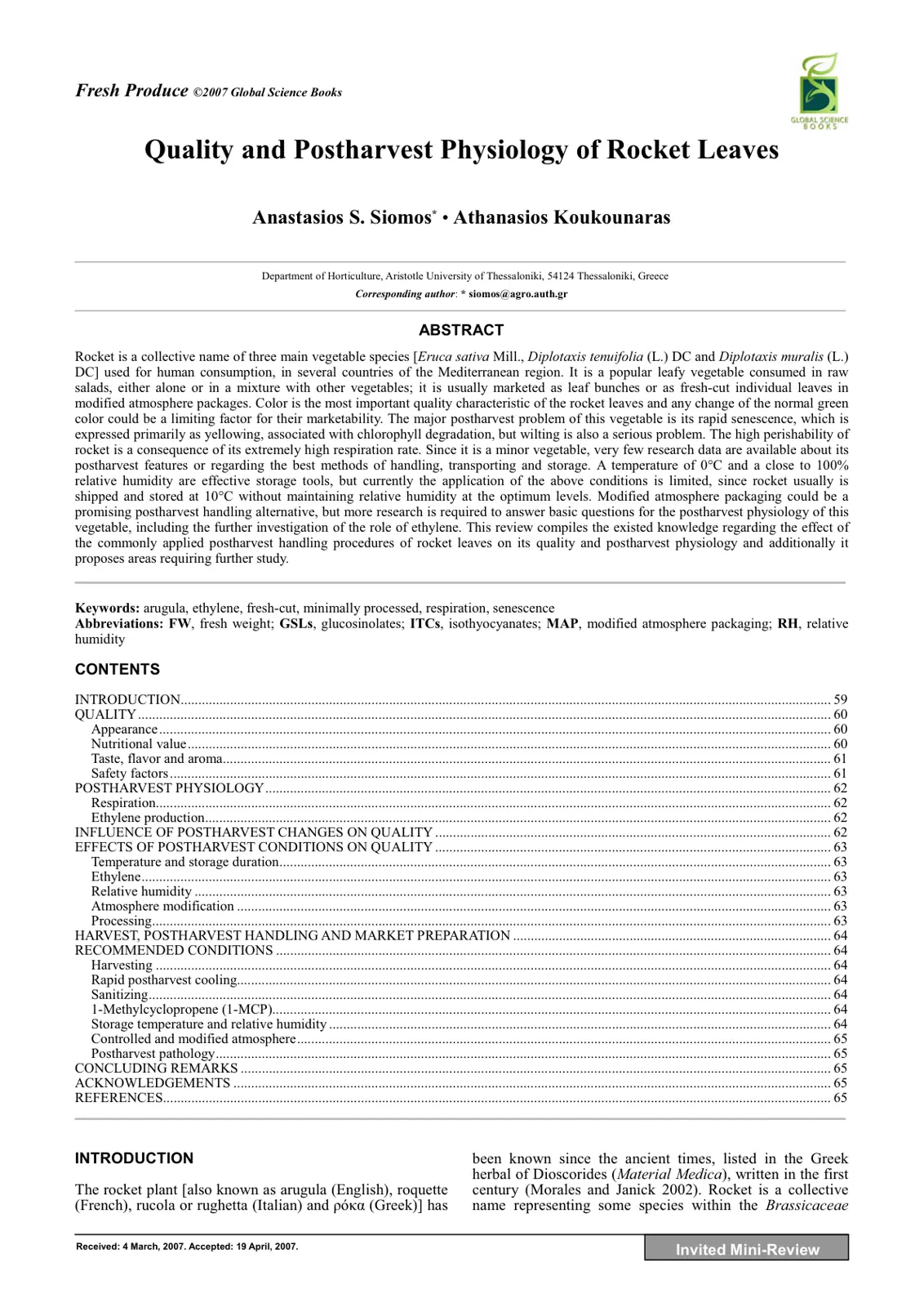 غلاف تقرير Quality and Postharvest Physiology of Rocket Leaves