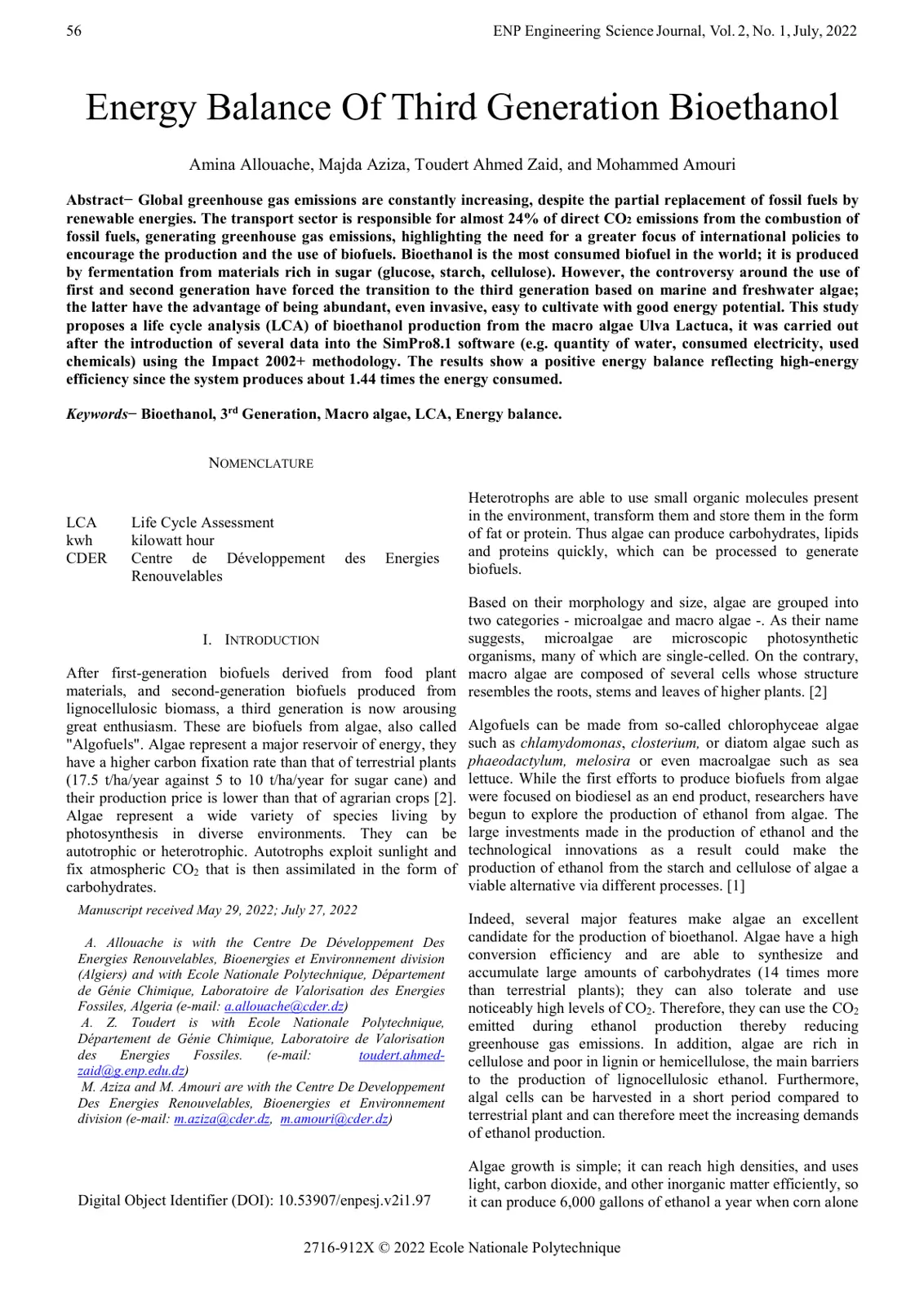 غلاف تقرير Energy Balance Of Third Generation Bioethanol