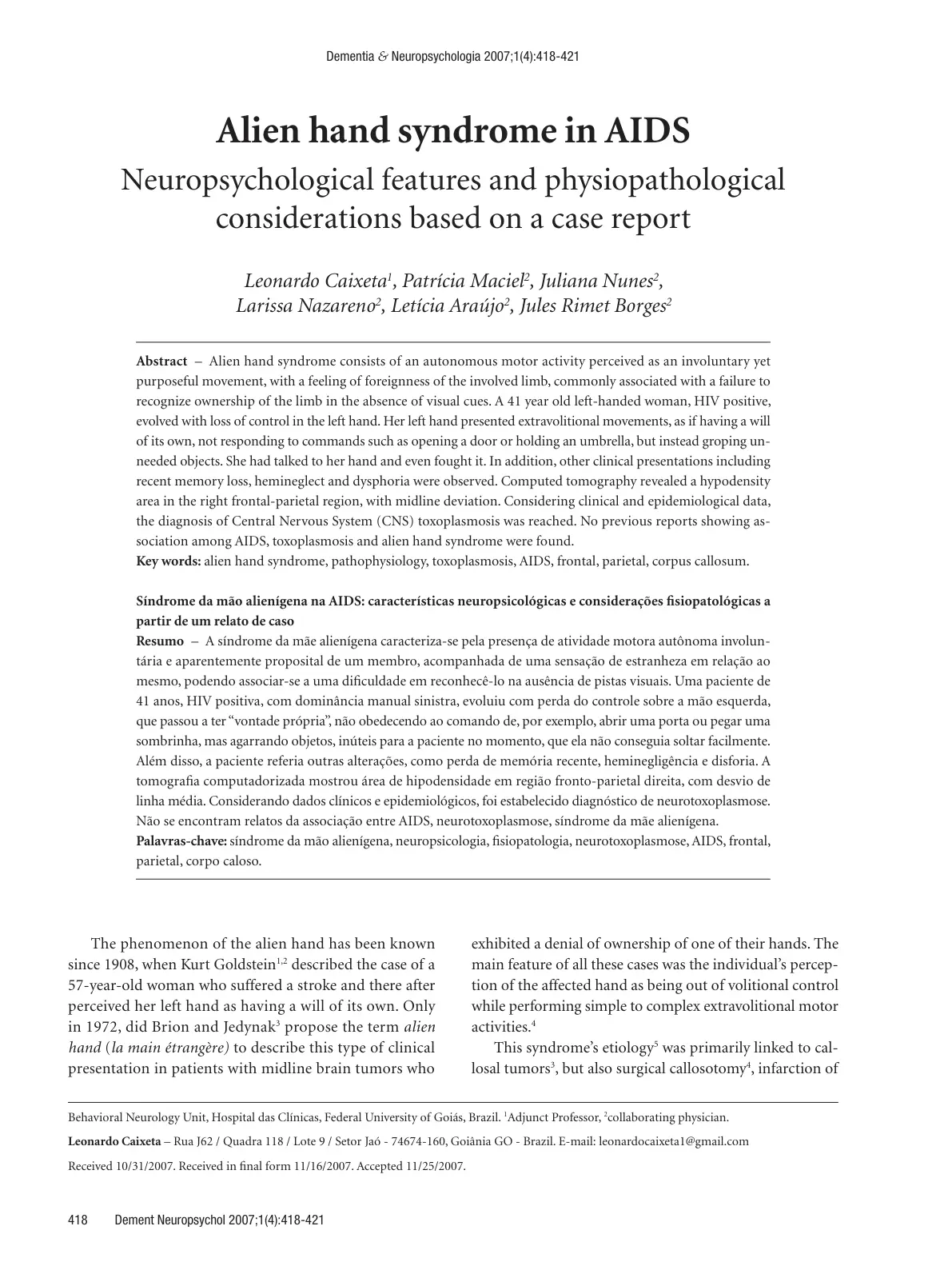 غلاف تقرير Alien hand syndrome in AIDS Neuropsychological features and physiopathological considerations based on a case report