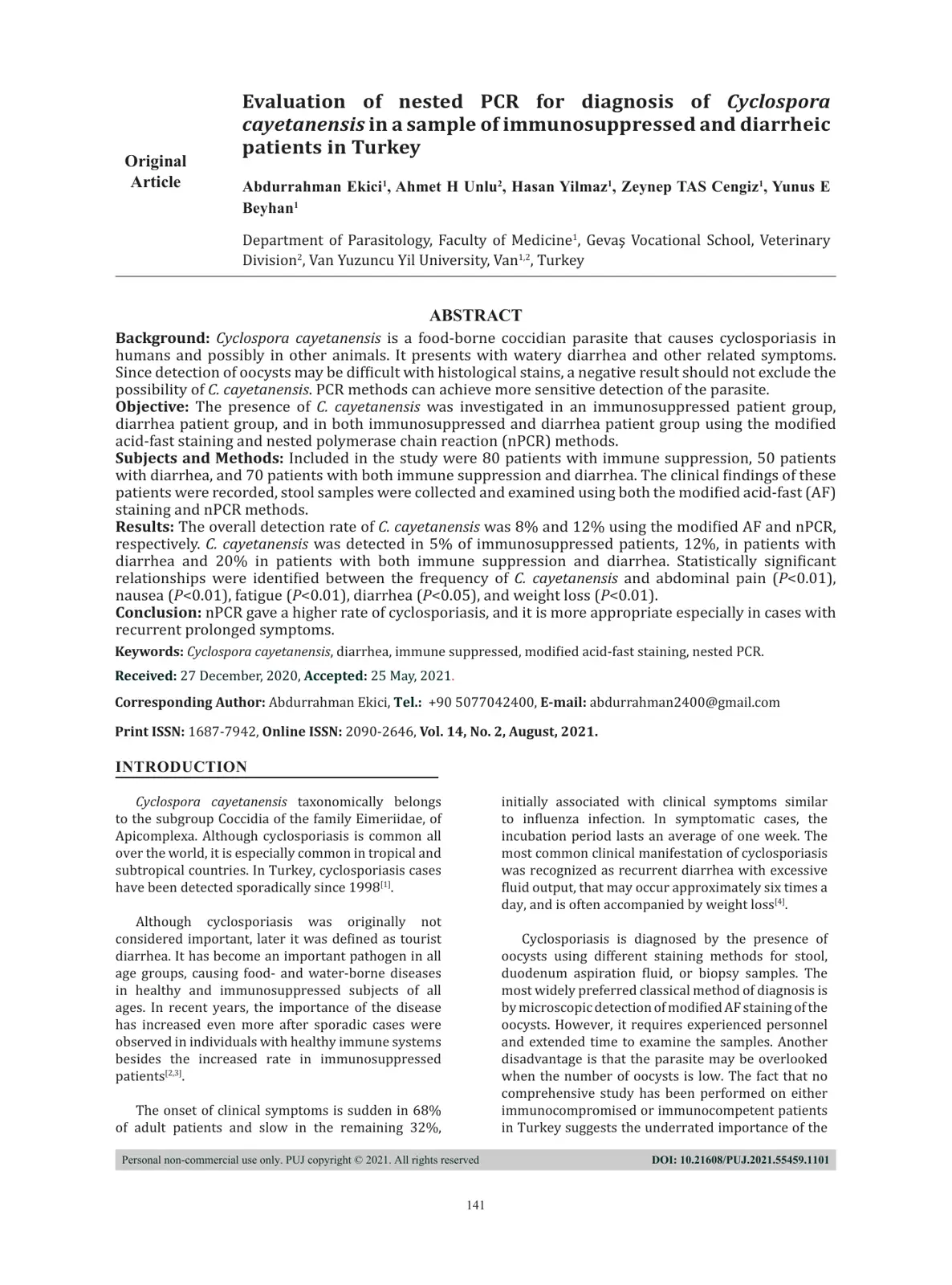 غلاف تقرير Evaluation of nested PCR for diagnosis of Cyclospora cayetanensis in a sample of immunosuppressed and diarrheic patients in Turkey