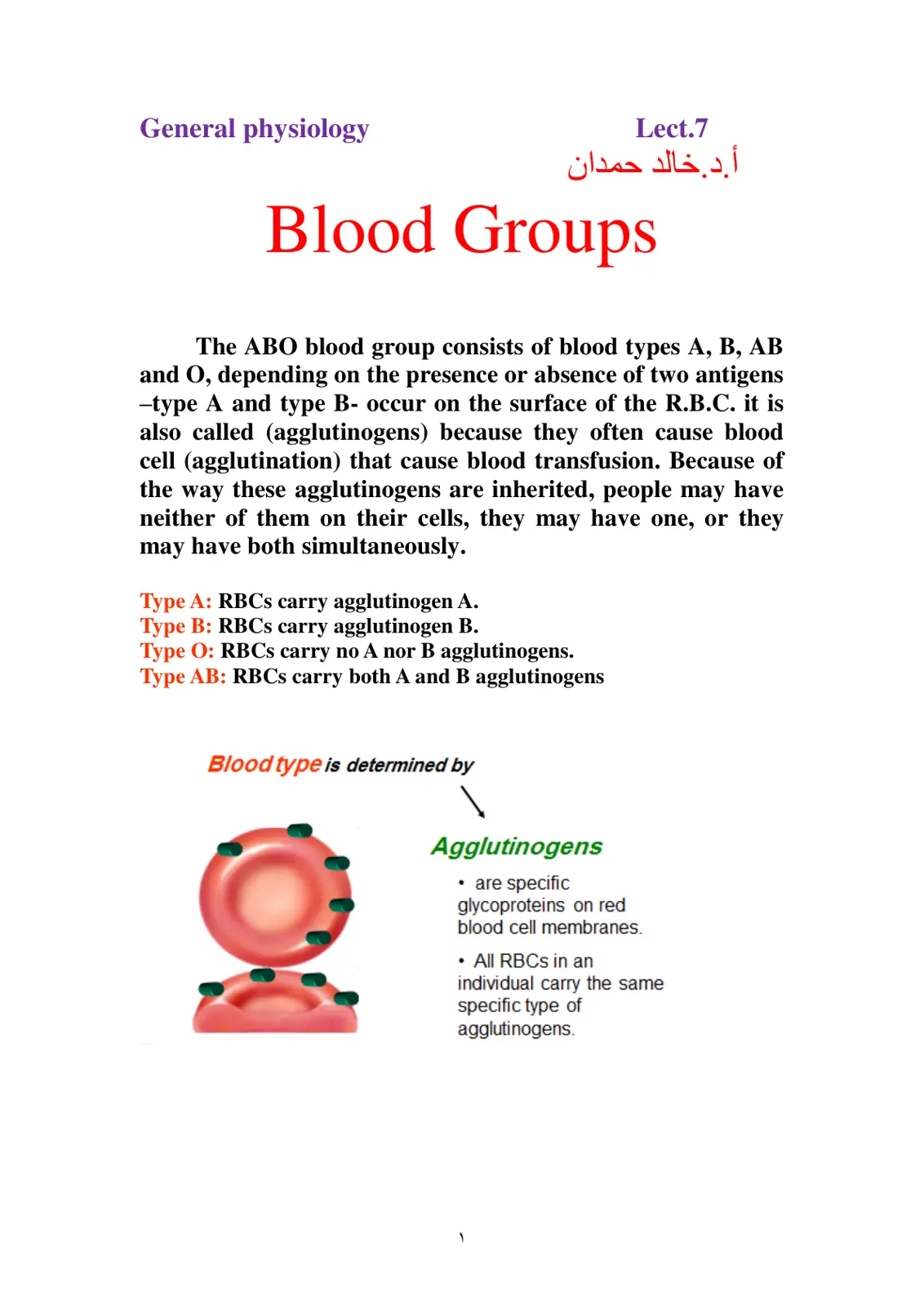 غلاف تقرير General Physiology – Lecture 7: Blood Groups