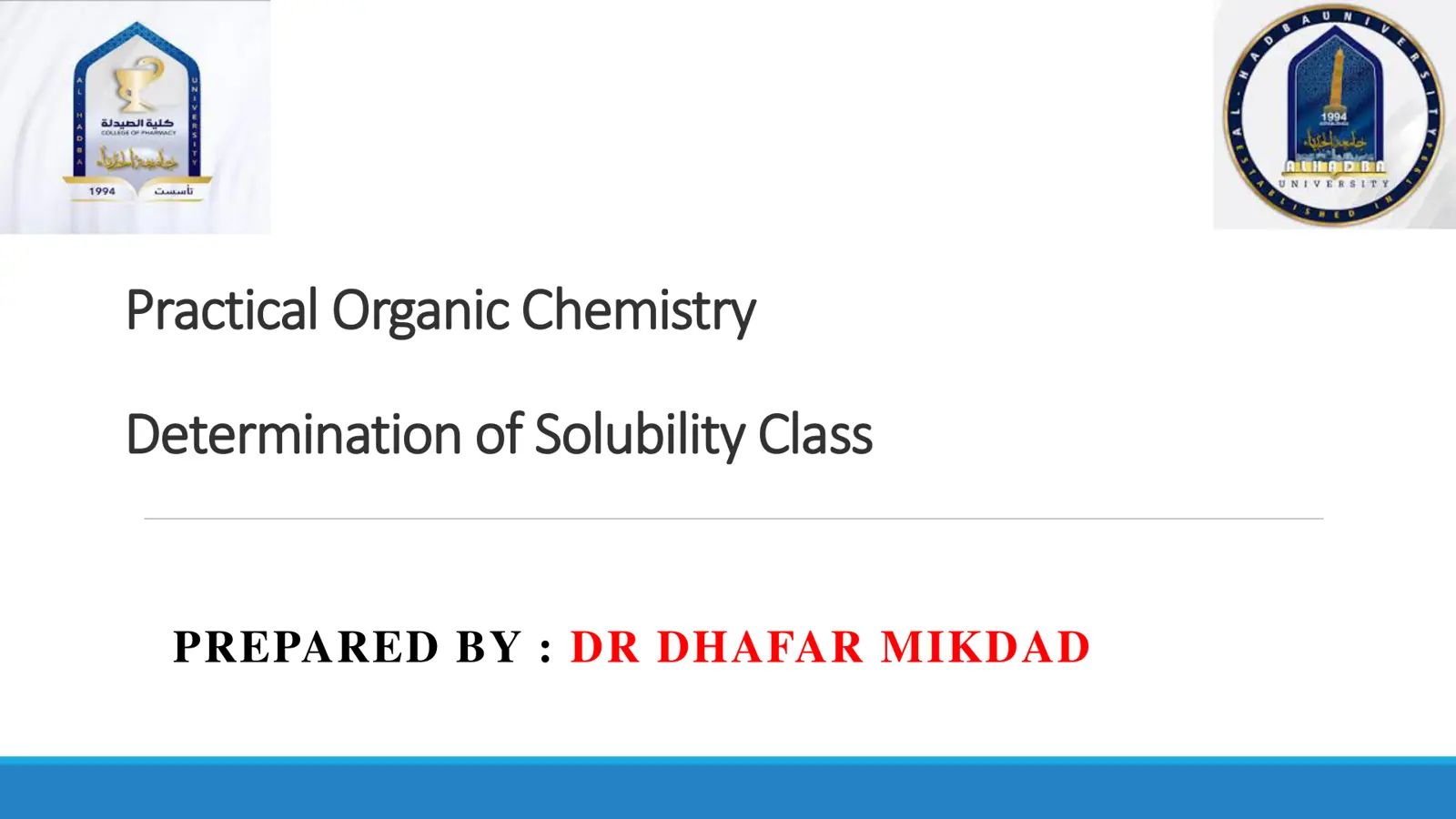 غلاف تقرير Practical Organic Chemistry Determination of Solubility Class