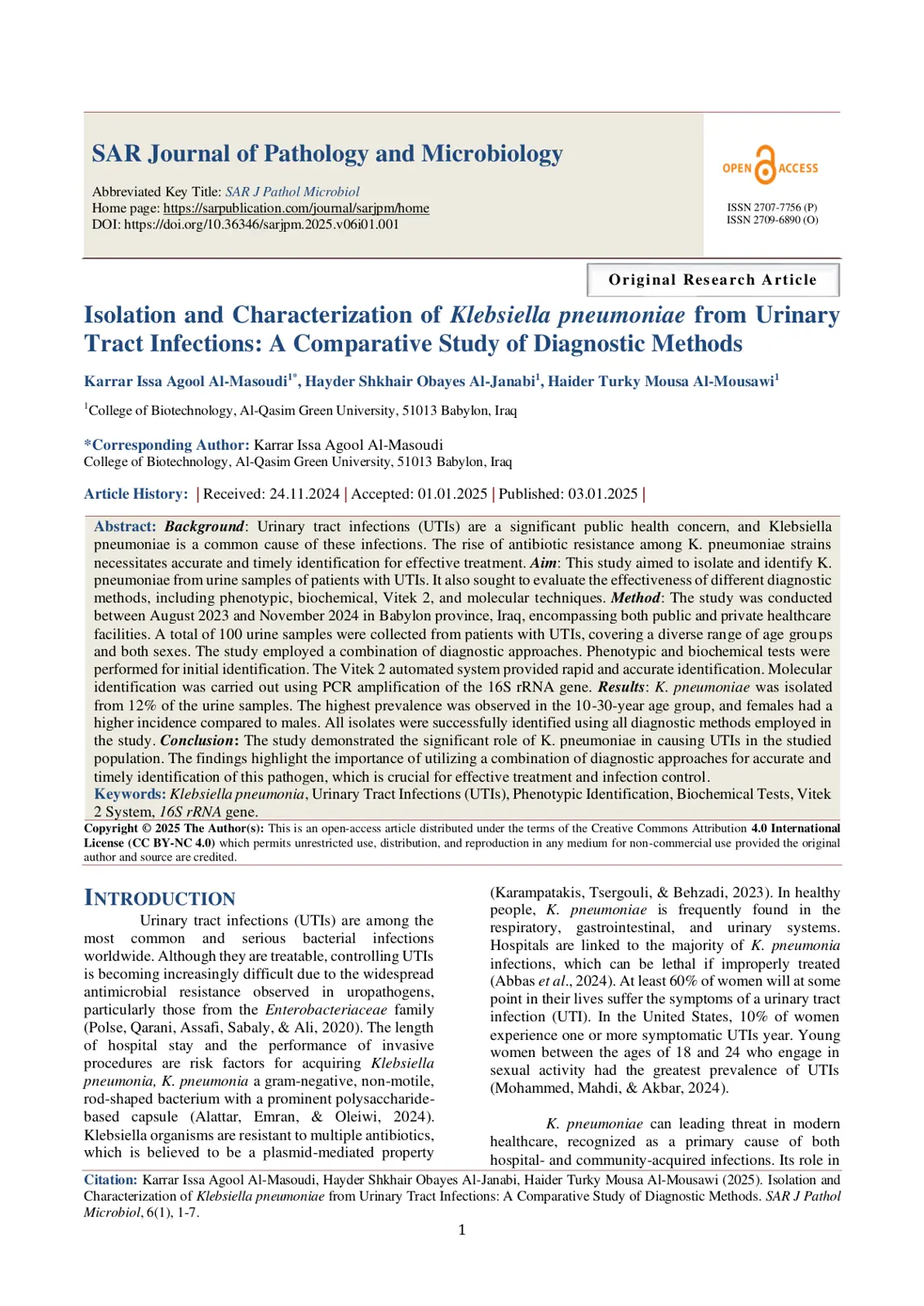 غلاف تقرير Isolation and Characterization of Klebsiella pneumoniae from Urinary Tract Infections: A Comparative Study of Diagnostic Methods