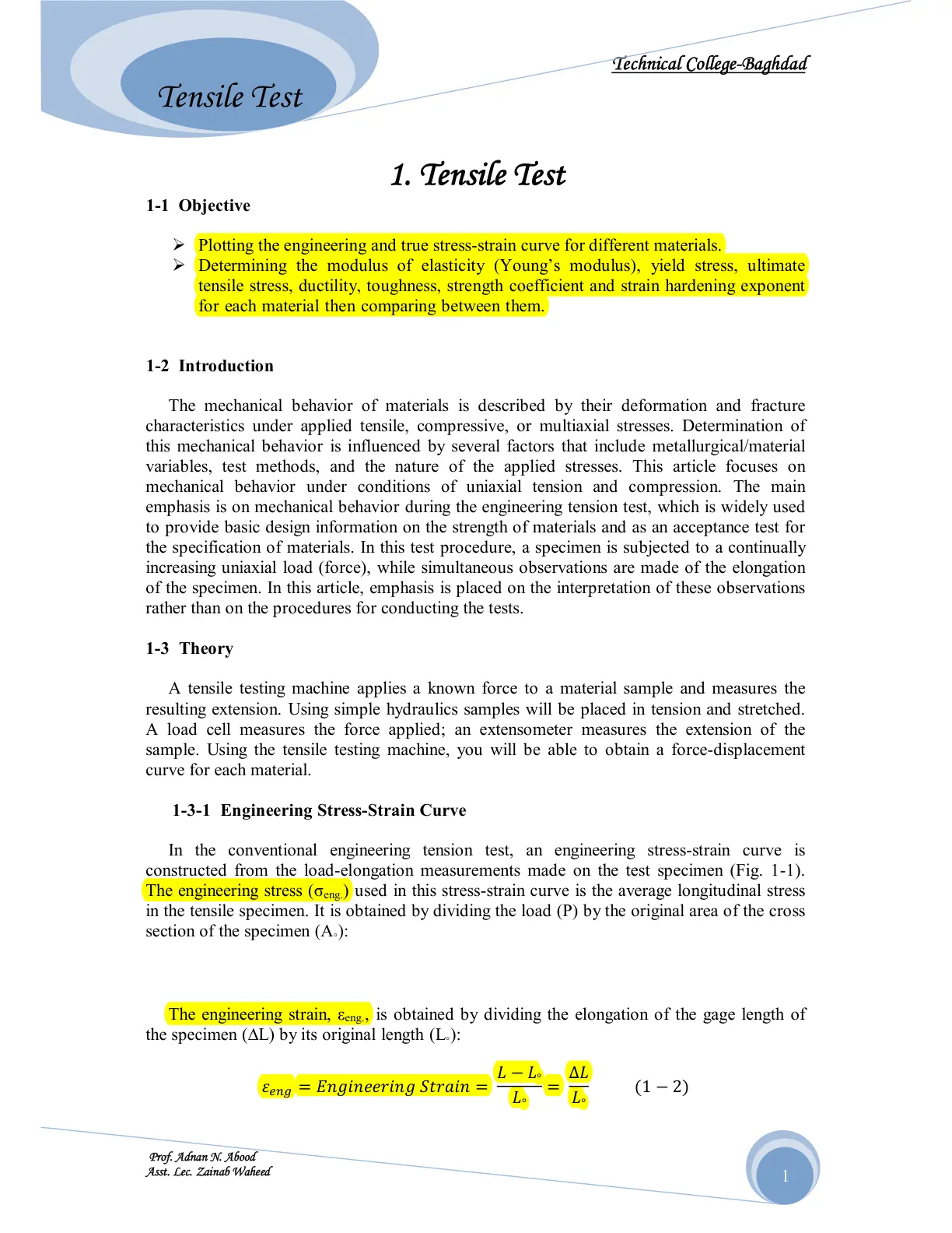 غلاف تقرير Tensile Test