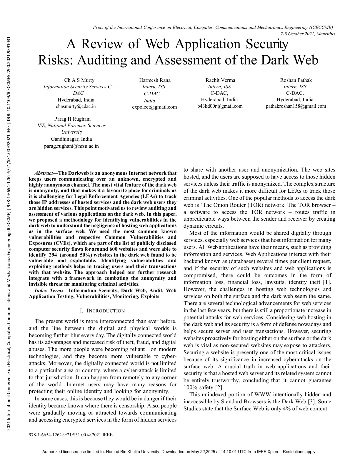 غلاف تقرير A Review of Web Application Security Risks: Auditing and Assessment of the Dark Web