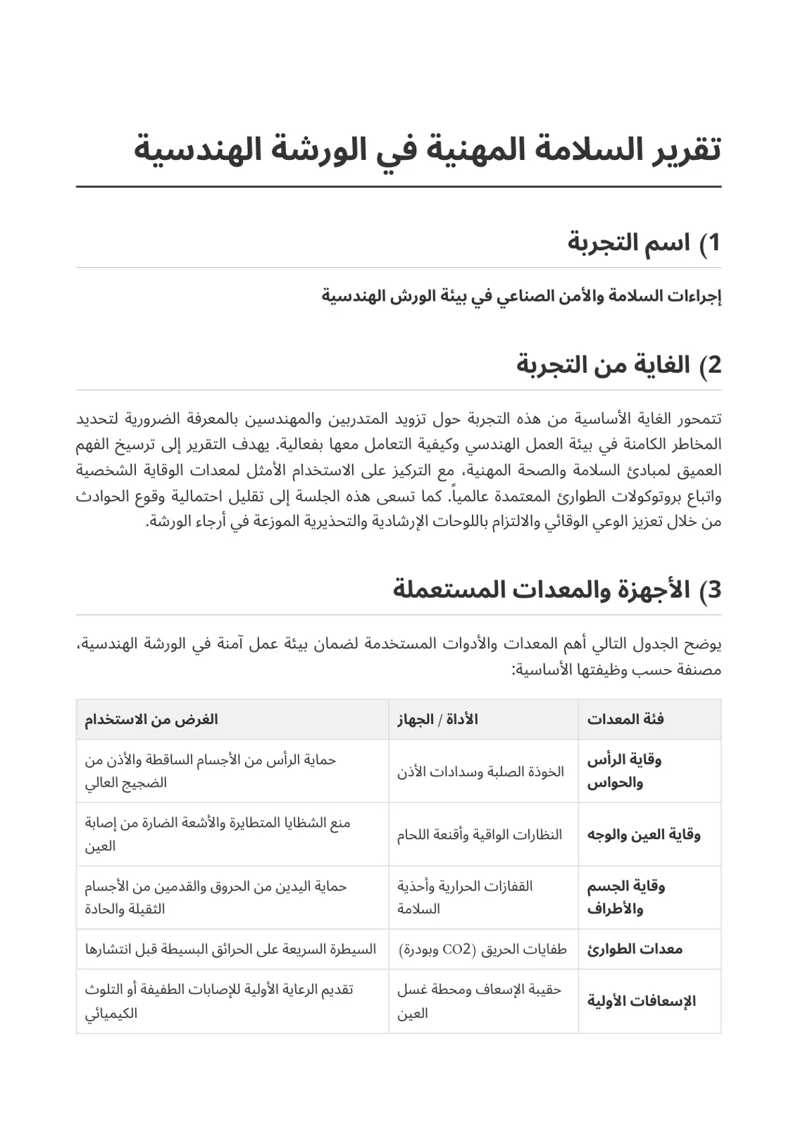 غلاف تقرير تقرير السلامة المهنية في الورشة الهندسية