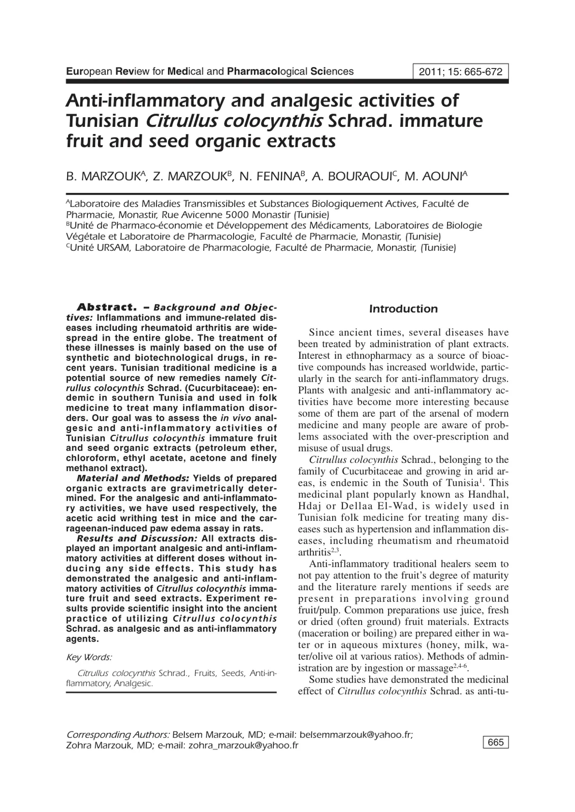 غلاف تقرير Anti-inflammatory and Analytic Activities of Tunisian Citrullus Colocynthis Schrad. Immature Fruit and Seed Organic Extracts