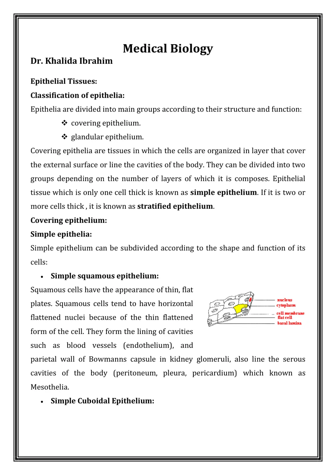 غلاف تقرير Medical Biology - Epithelial Tissues: Classification of Epithelia
