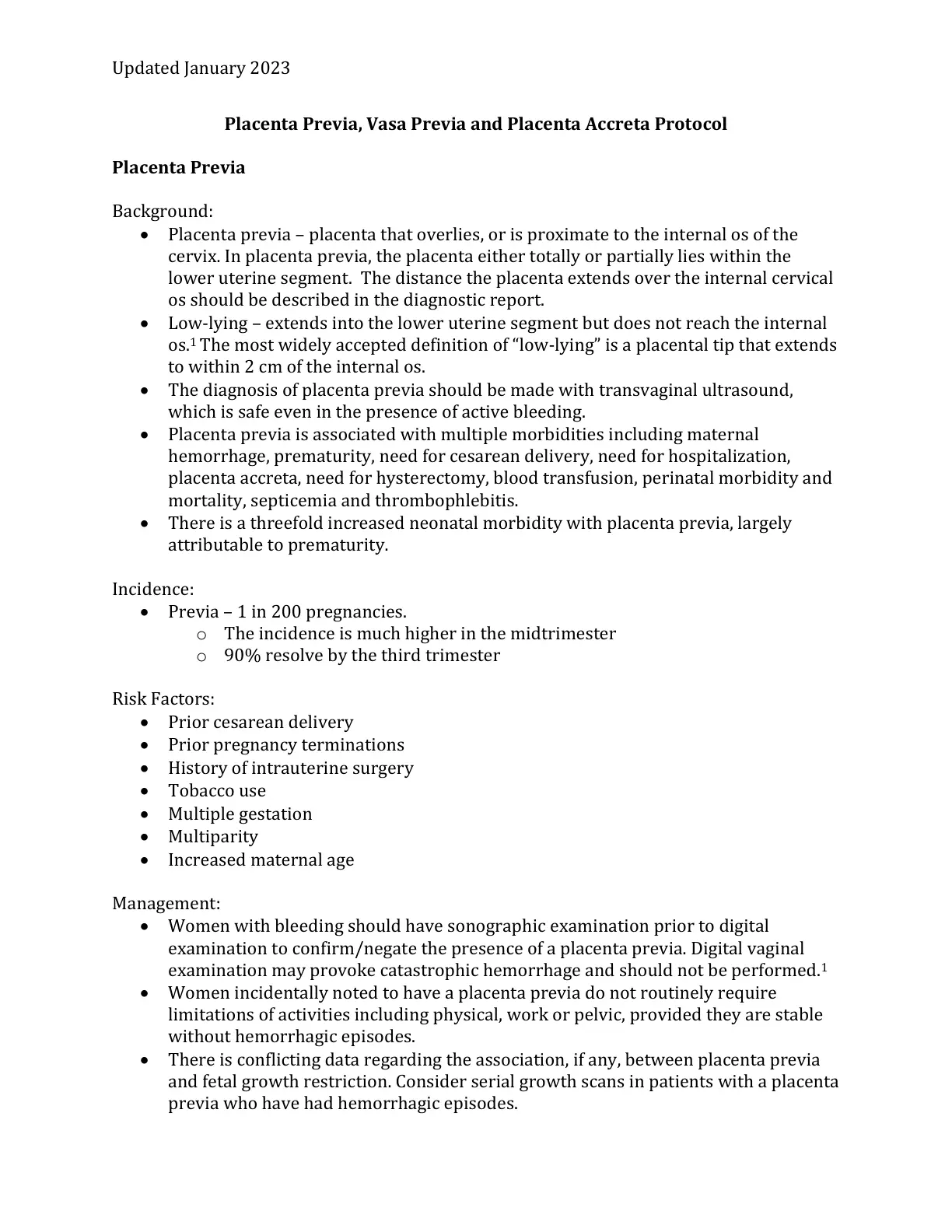 غلاف تقرير Placenta Previa, Vasa Previa and Placenta Accreta Protocol