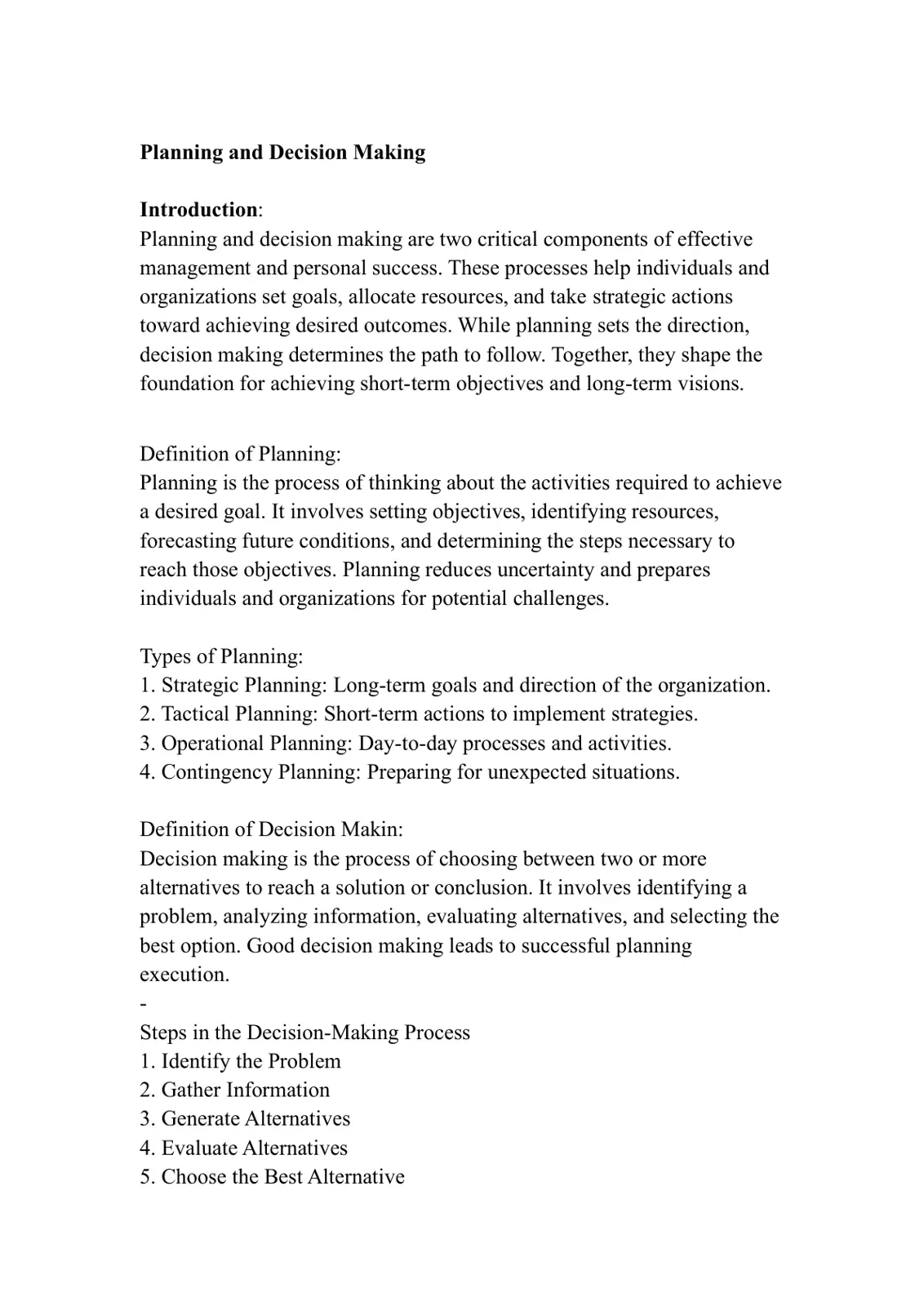 غلاف تقرير Planning and Decision Making