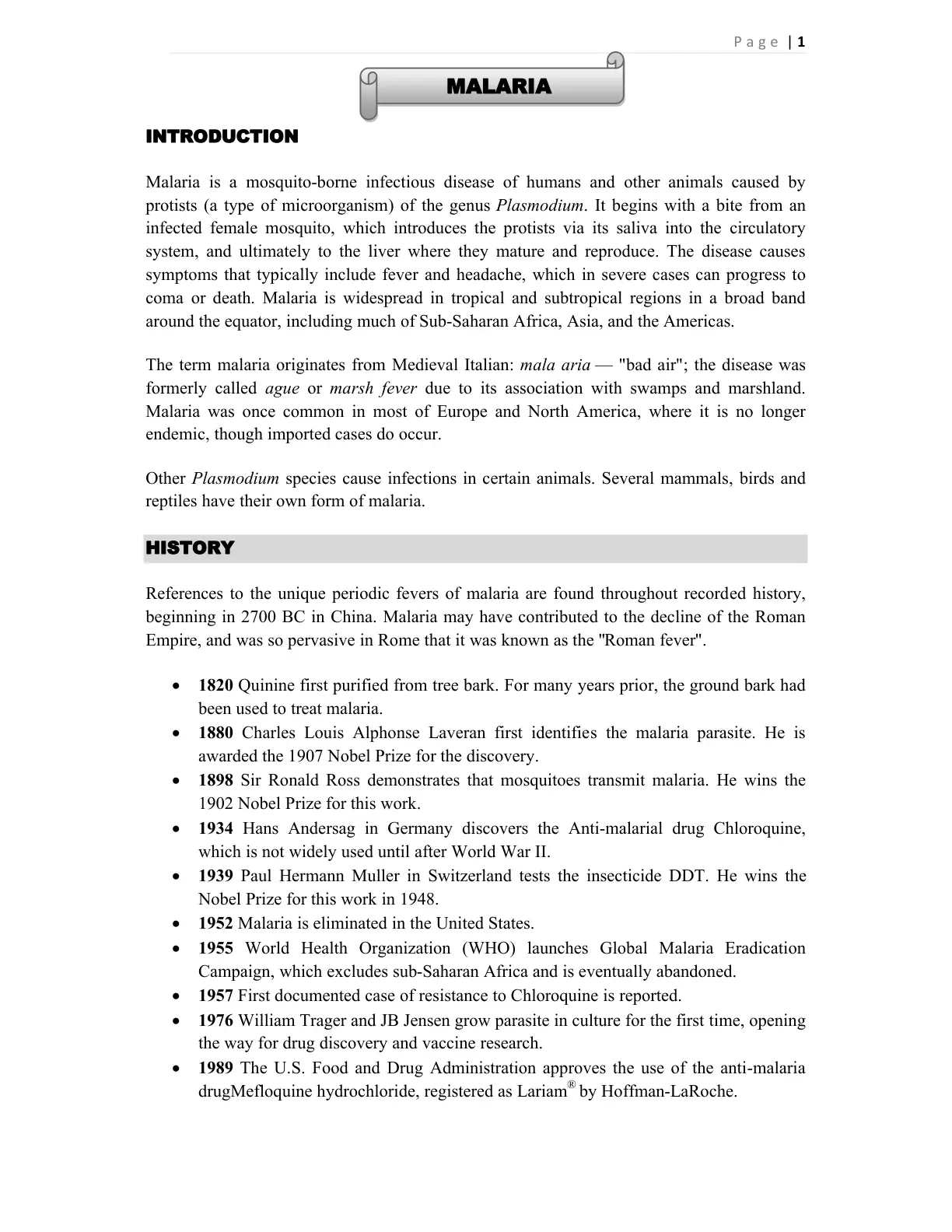 غلاف تقرير Malaria - Introduction
