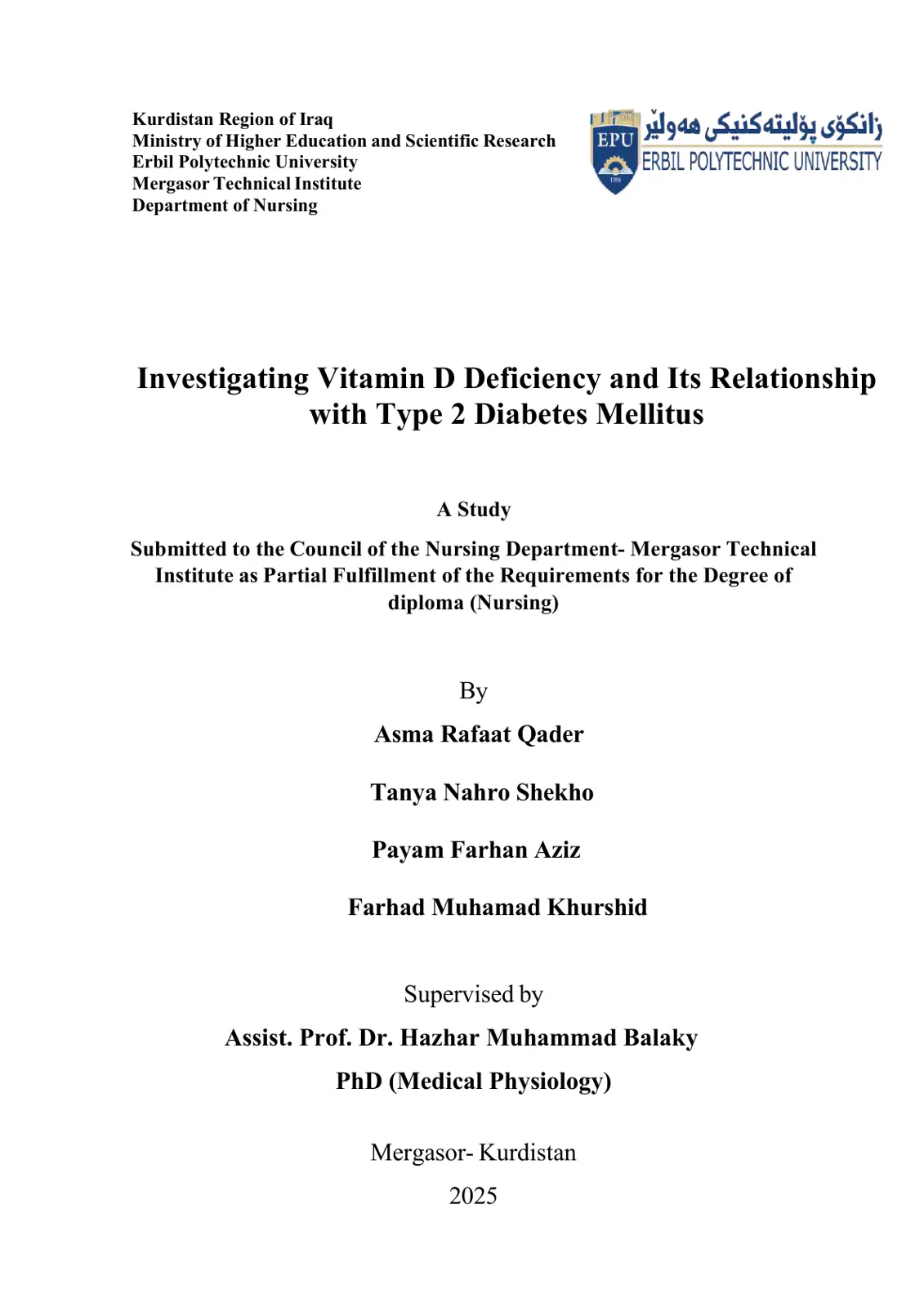 غلاف تقرير Investigating Vitamin D Deficiency and Its Relationship with Type 2 Diabetes Mellitus