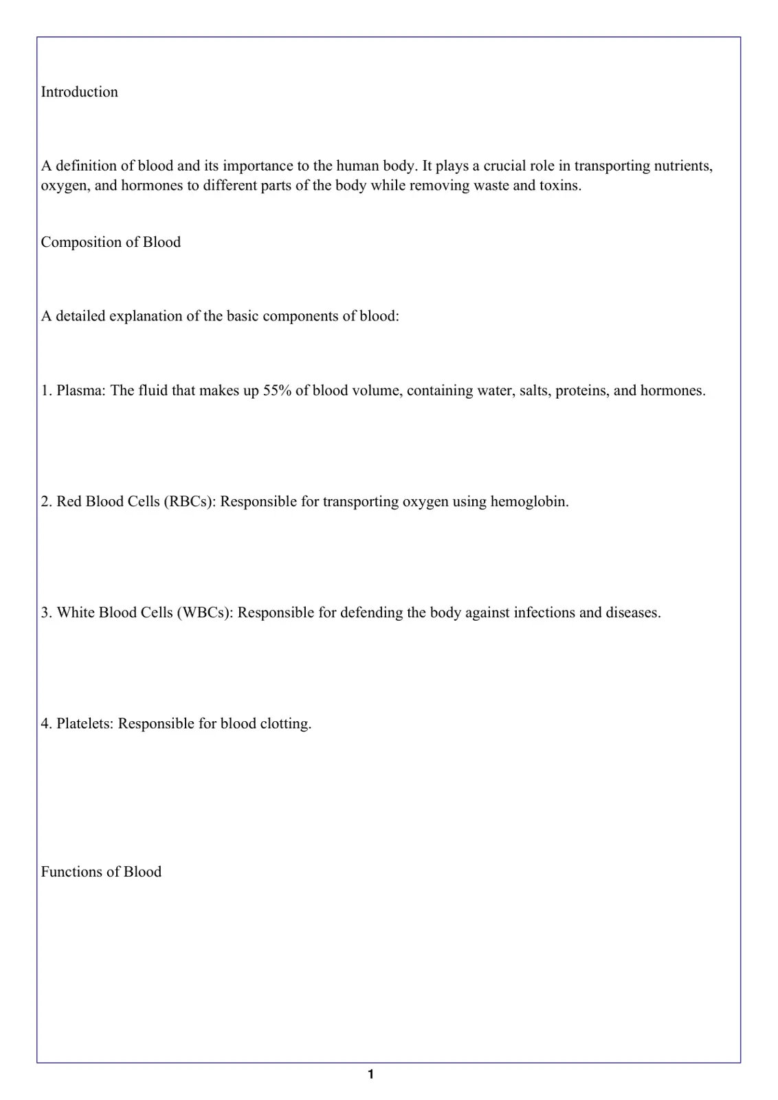 غلاف تقرير Introduction and Composition of Blood