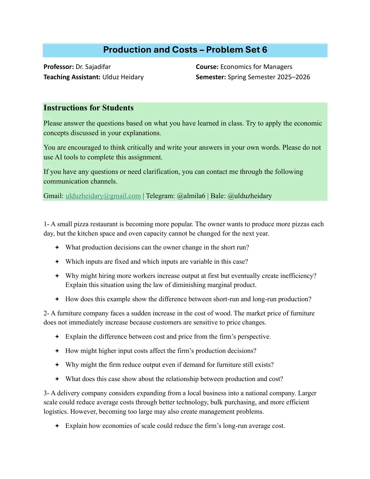 غلاف تقرير Production and Costs - Problem Set 6