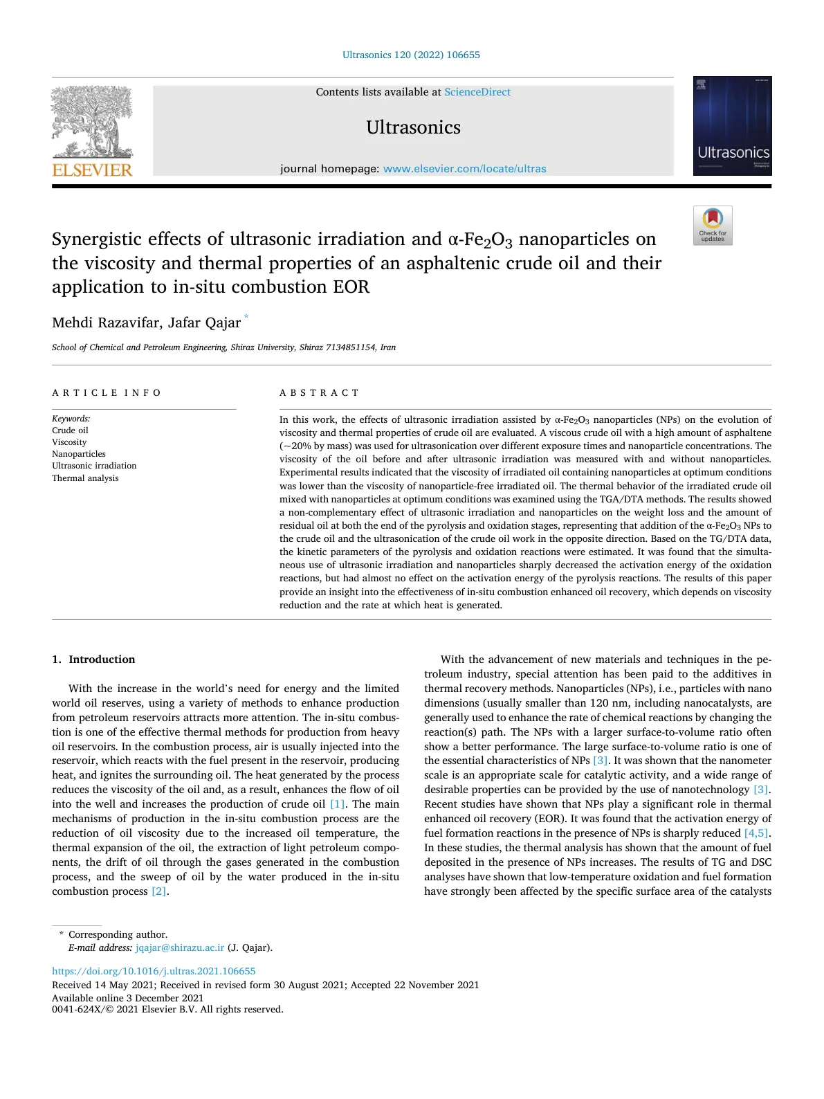 غلاف تقرير Synergistic effects of ultrasonic irradiation and α-Fe2O3 nanoparticles on the viscosity and thermal properties of an asphaltenic crude oil and their application to in-situ combustion EOR