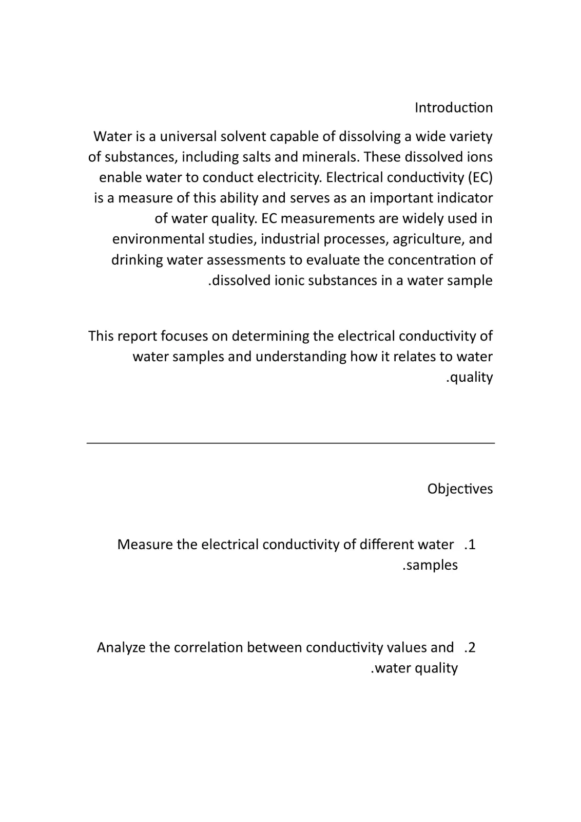 غلاف تقرير Electrical Conductivity of Water Samples