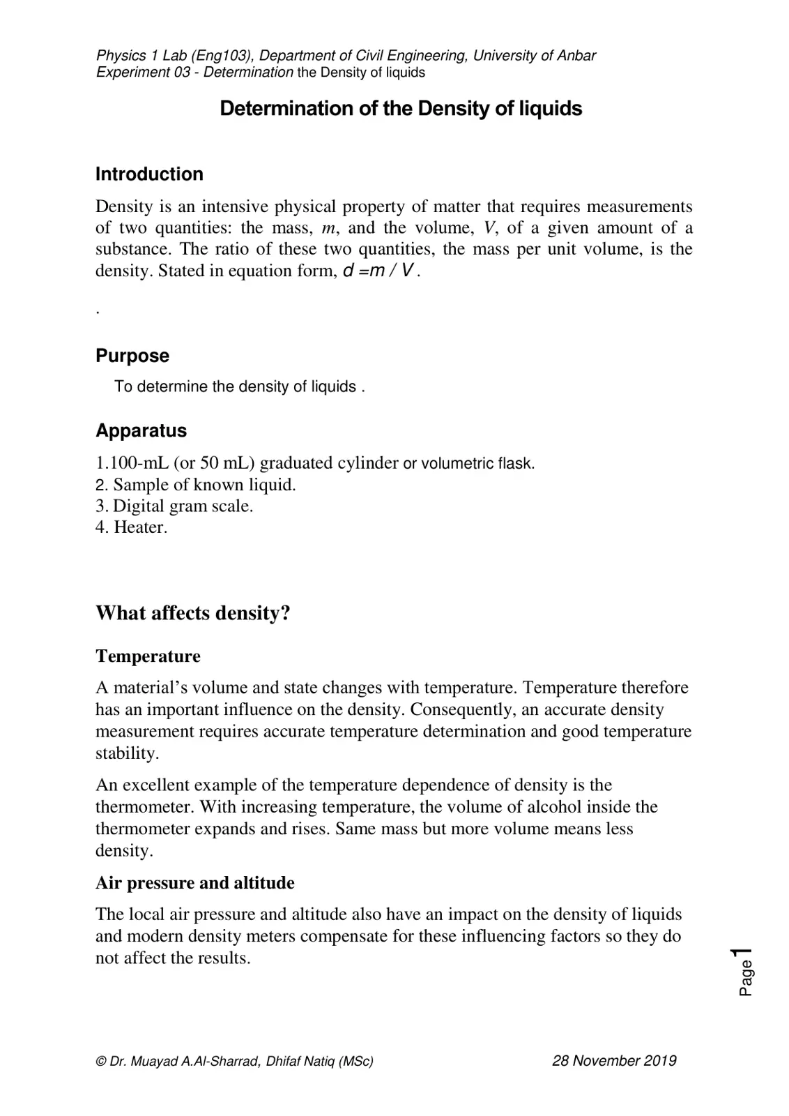غلاف تقرير Determination of the Density of liquids