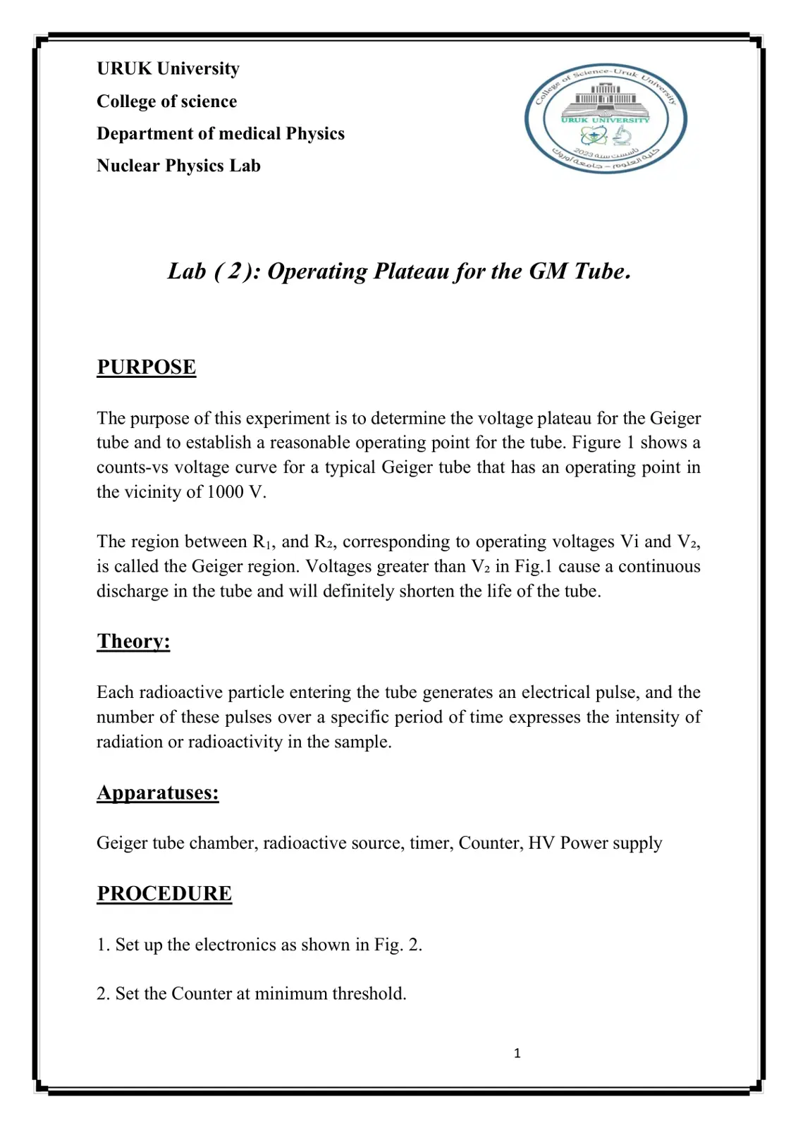 غلاف تقرير Lab (2): Operating Plateau for the GM Tube