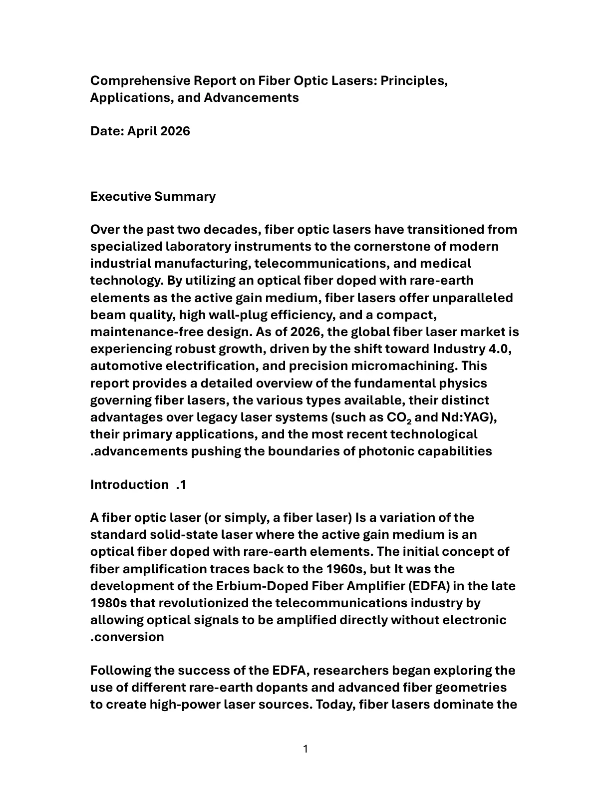 غلاف تقرير Comprehensive Report on Fiber Optic Lasers: Principles, Applications, and Advancements
