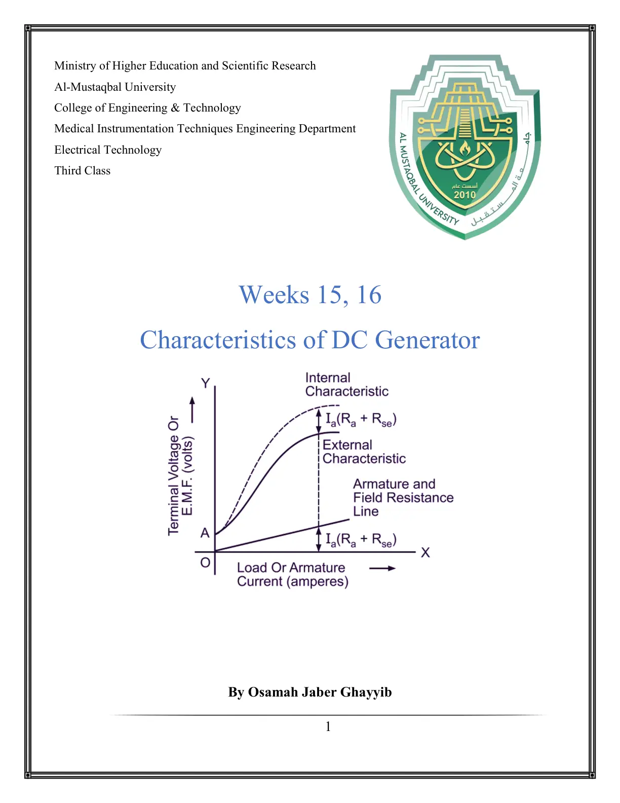 غلاف تقرير Electrical Technology - Characteristics of DC Generator