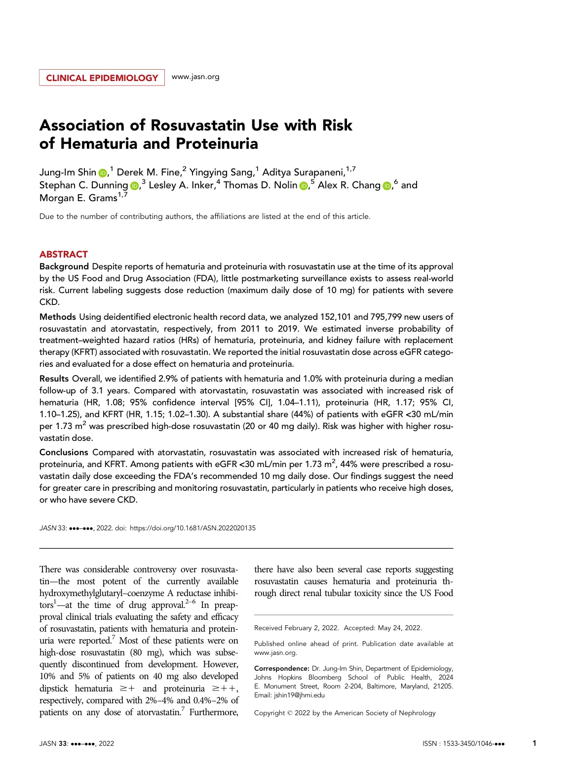 غلاف تقرير Association of Rosuvastatin Use with Risk of Hematuria and Proteinuria