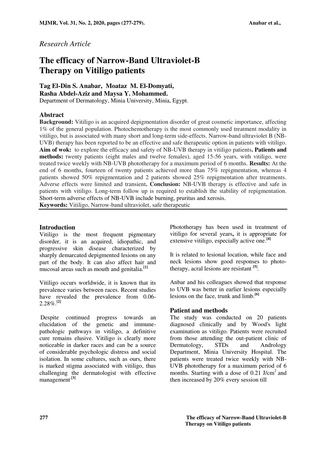 غلاف تقرير The efficacy of Narrow-Band Ultraviolet-B Therapy on Vitiligo patients