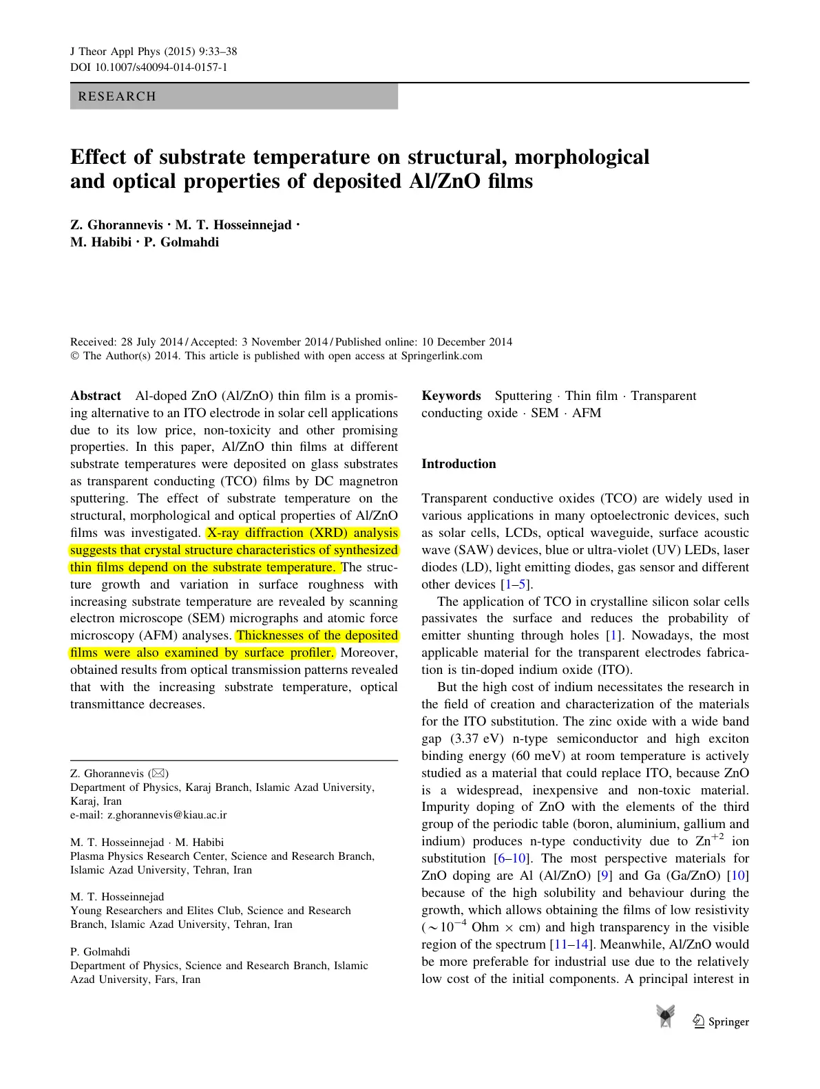 غلاف تقرير Effect of substrate temperature on structural, morphological and optical properties of deposited Al/ZnO films