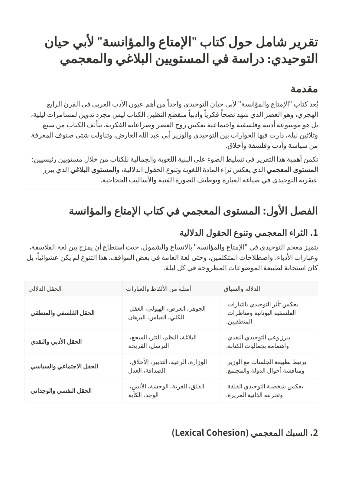 غلاف تقرير تقرير شامل حول كتاب الإممتاع والمؤانسة لأبي حيان التوحيدي