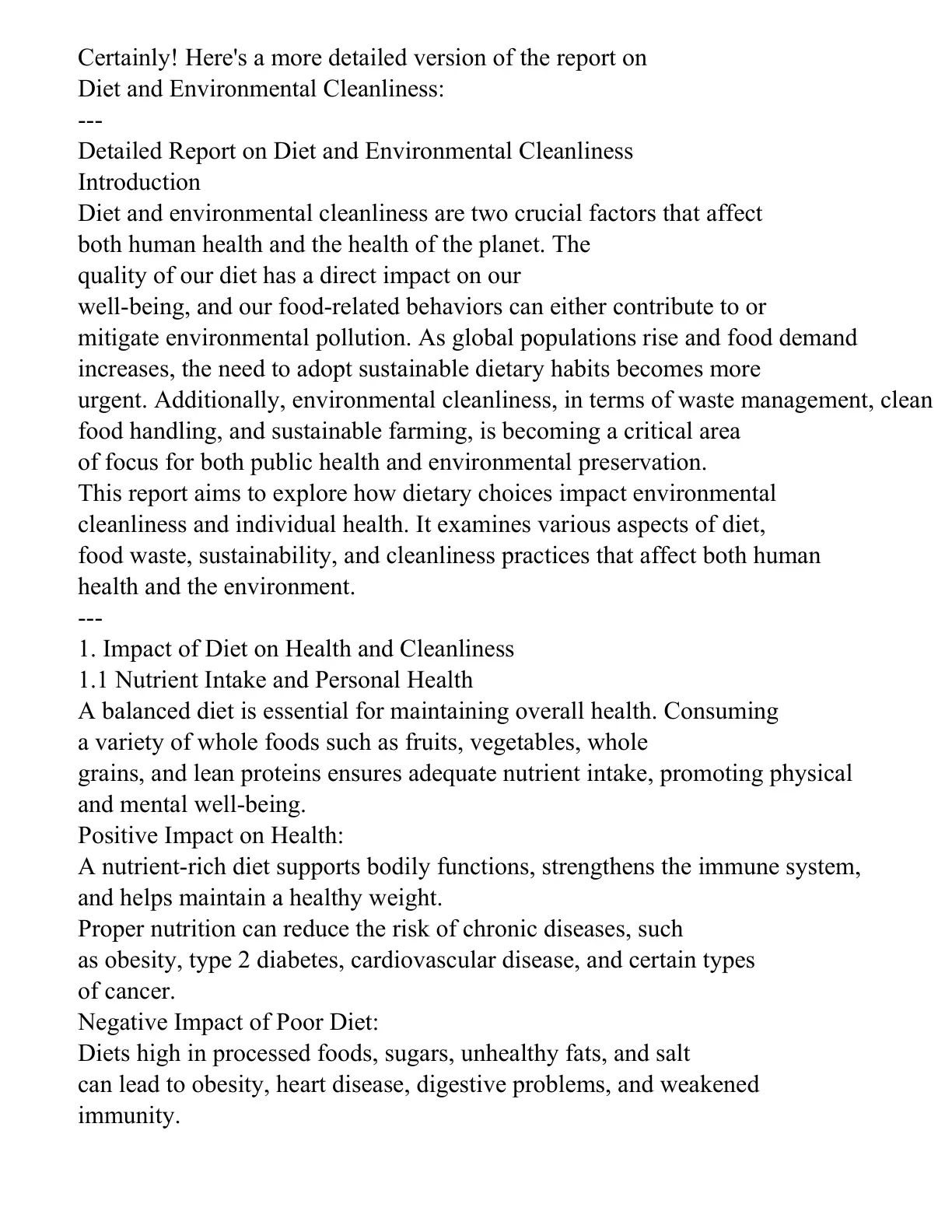 غلاف تقرير Detailed Report on Diet and Environmental Cleanliness