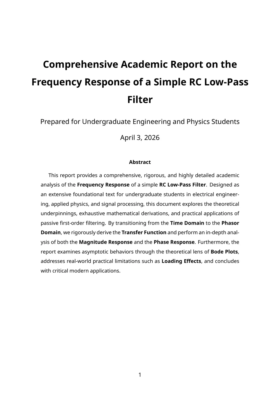 غلاف تقرير Comprehensive Academic Report on the Frequency Response of a Simple RC Low-Pass Filter