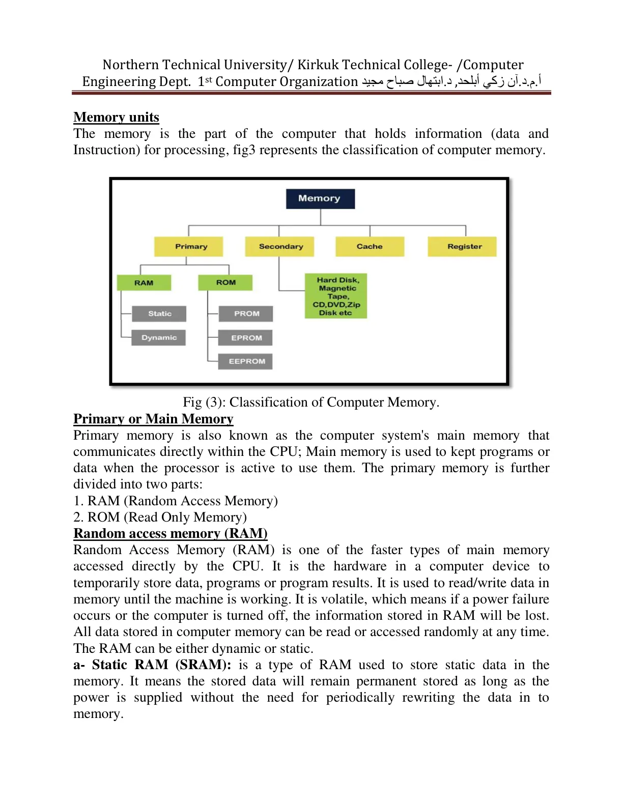 غلاف تقرير Computer Organization – Memory Units