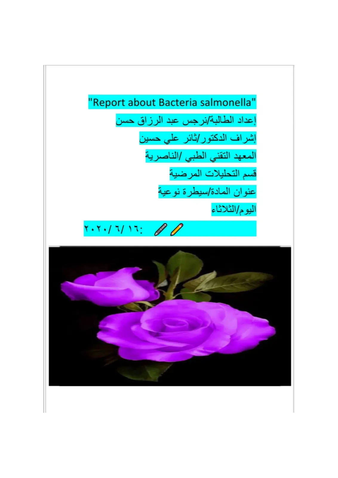 غلاف تقرير Report about Bacteria Salmonella