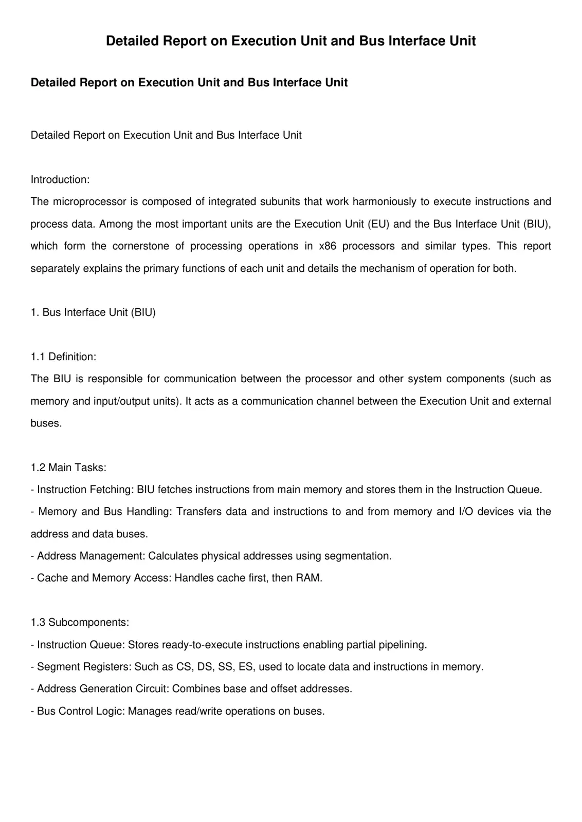 غلاف تقرير Detailed Report on Execution Unit and Bus Interface Unit