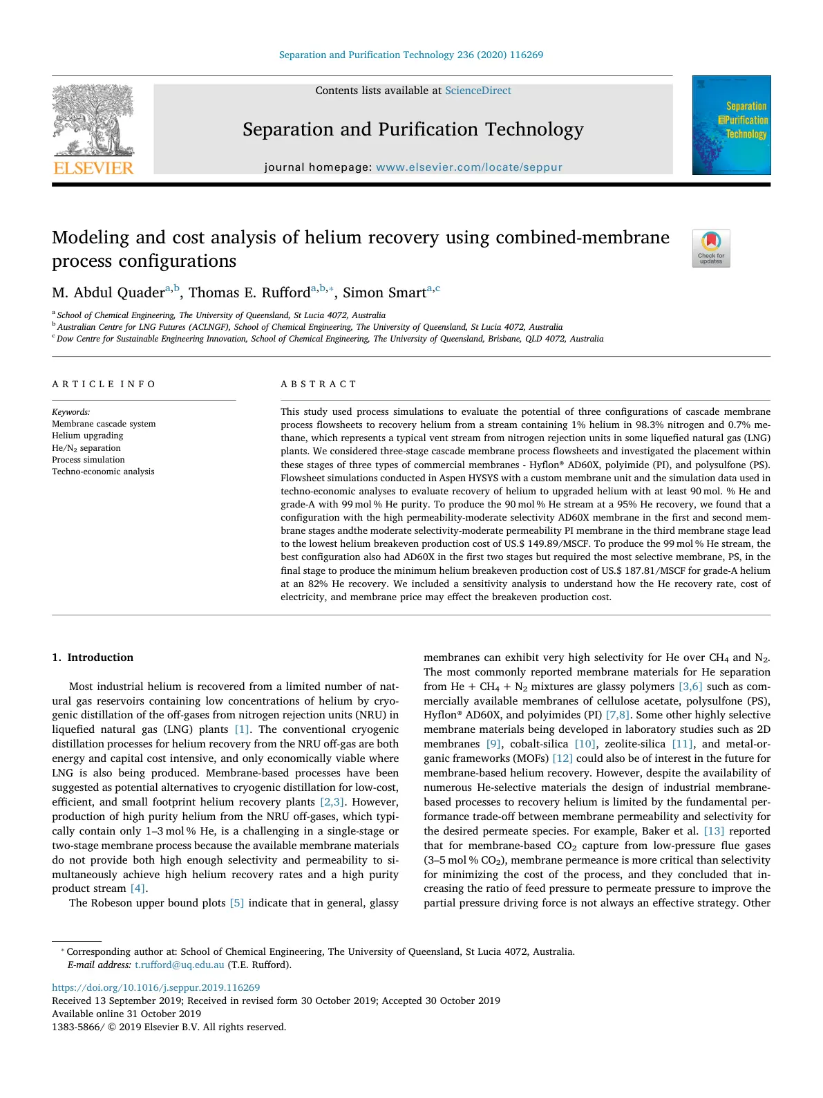 غلاف تقرير Modeling and cost analysis of helium recovery using combined-membrane process configurations